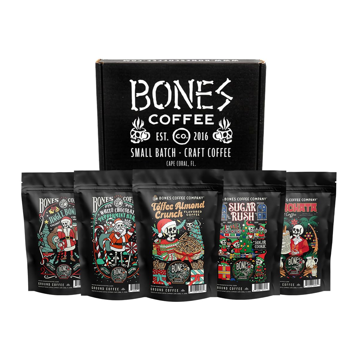 Bones Coffee Company NEW Favorite Flavors Sample Pack, Assorted Flavored Coffee Low Acid Medium Roast Arabica Beans Specialty Coffee Gifts, Auto Drip and French Press Compatible, 4 oz Pack of 5 Ground