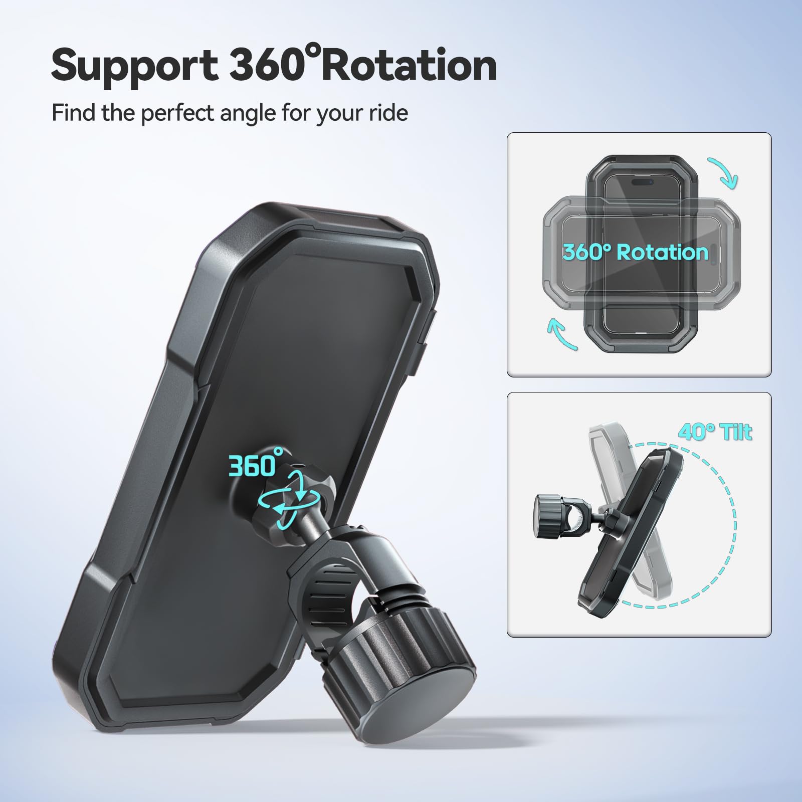 KDD Waterproof Bike Phone Holder - 360 Rotation Motorcycle Phone Mount, Fully Enclosed Touch Sensitive Design, Bicycle Phone Clamp Compatible with iPhone 16 Pro Max/15/14/13/12,4-6.7” Phones