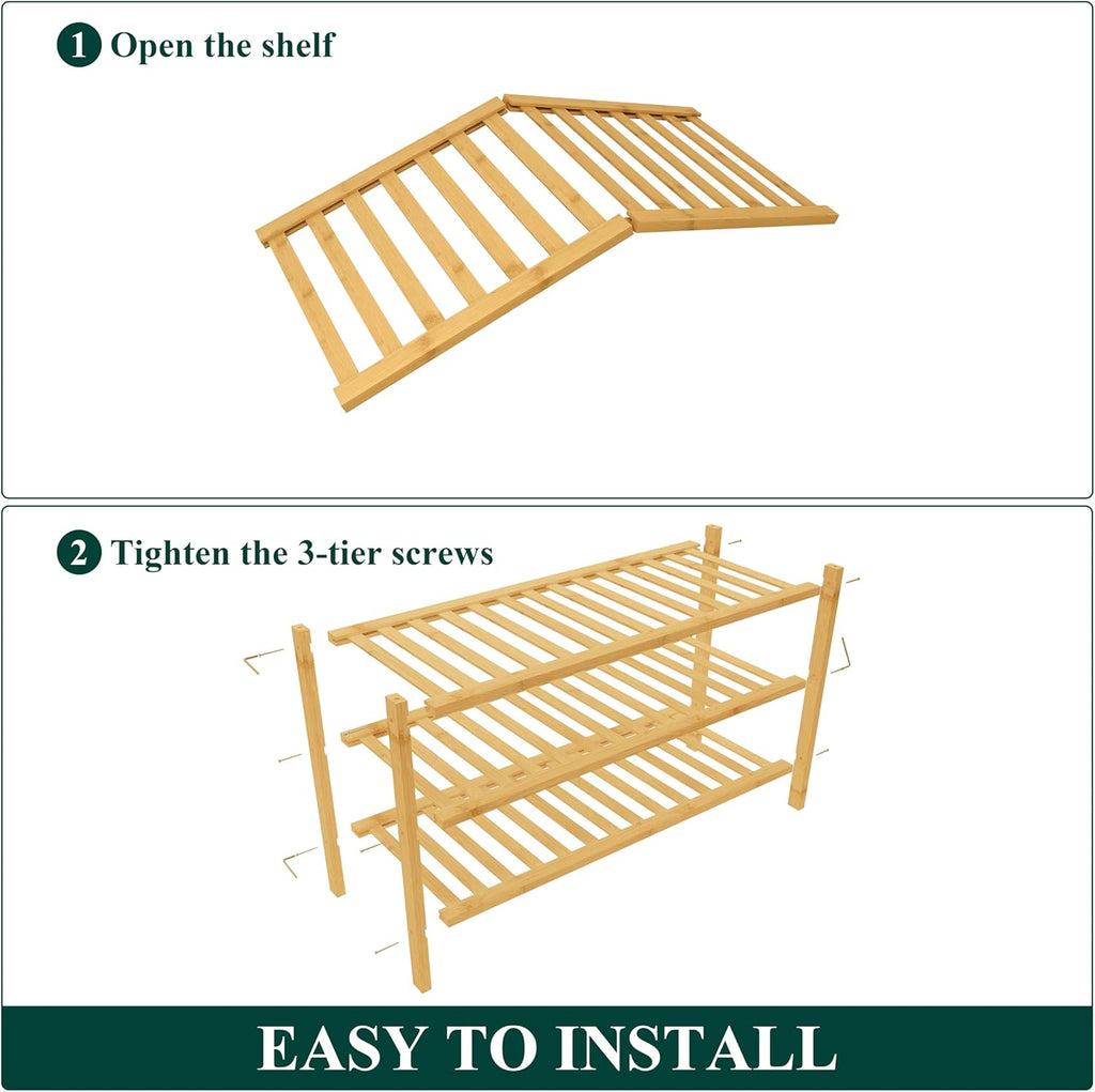 Smiry Bamboo Shoe Rack for Closet, 3 Tier Wooden Stackable Shoe Organizer, Free Standing Shoes Storage Shelf for Entryway, Front Door Entrance, Natural