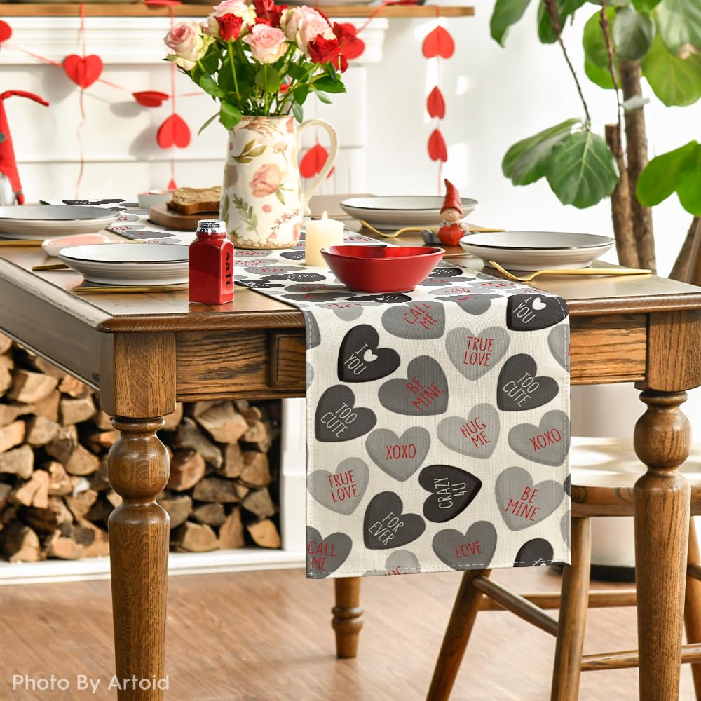Artoid Mode Ture Love Heart Valentine's Day Table Runner, Seasonal Kitchen Dining Table Decoration for Home Party Decor 13x72 Inch