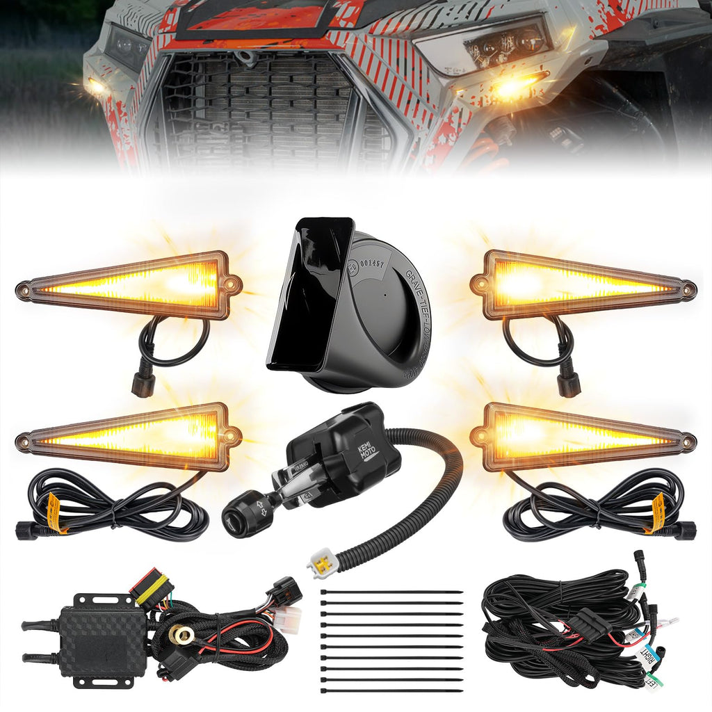 KEMIMOTO UTV Turn Signal Kit with 110D Horn, Pre-Wired, Plug and Play UTV ATV Blinker with Rocker Switch, Triangle Universal Street Legal Turn Signals Compatible with Polaris, Can-Am, Teryx, CFMOTO