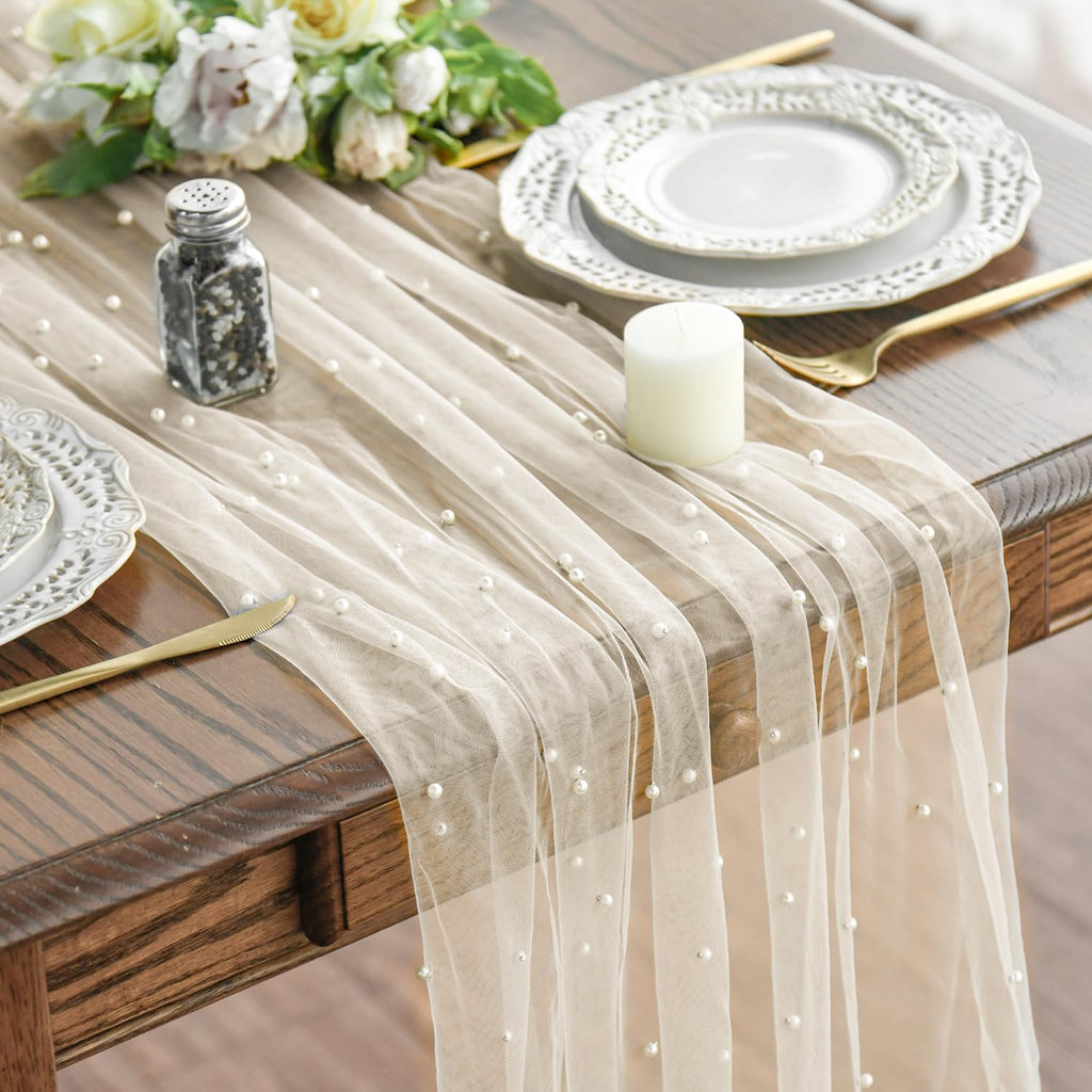 Artoid Mode Pearl Beige Gauze Table Runner 120 Inch 10FT, Seasonal Sheer Dining Holiday Wedding Birthday Baby Shower Table Decor for Home Party