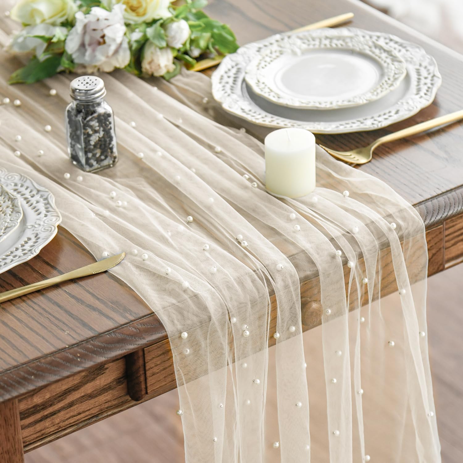 Artoid Mode Pearl Beige Gauze Table Runner 120 Inch 10FT, Seasonal Sheer Dining Holiday Wedding Birthday Baby Shower Table Decor for Home Party