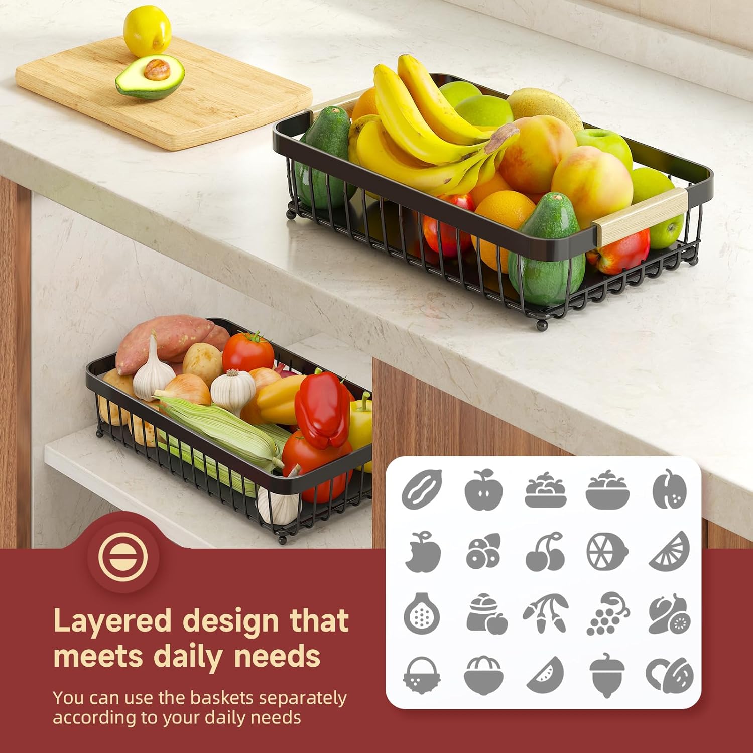 2 Tier Large Fruit Basket for Kitchen Counter with 2 Mobile Banana Hangers, 2026 Pro Detachable Metal Fruit Bowl with Wooden Handle, Fruit Holder for Bread Snack Veggies with Protective Mats