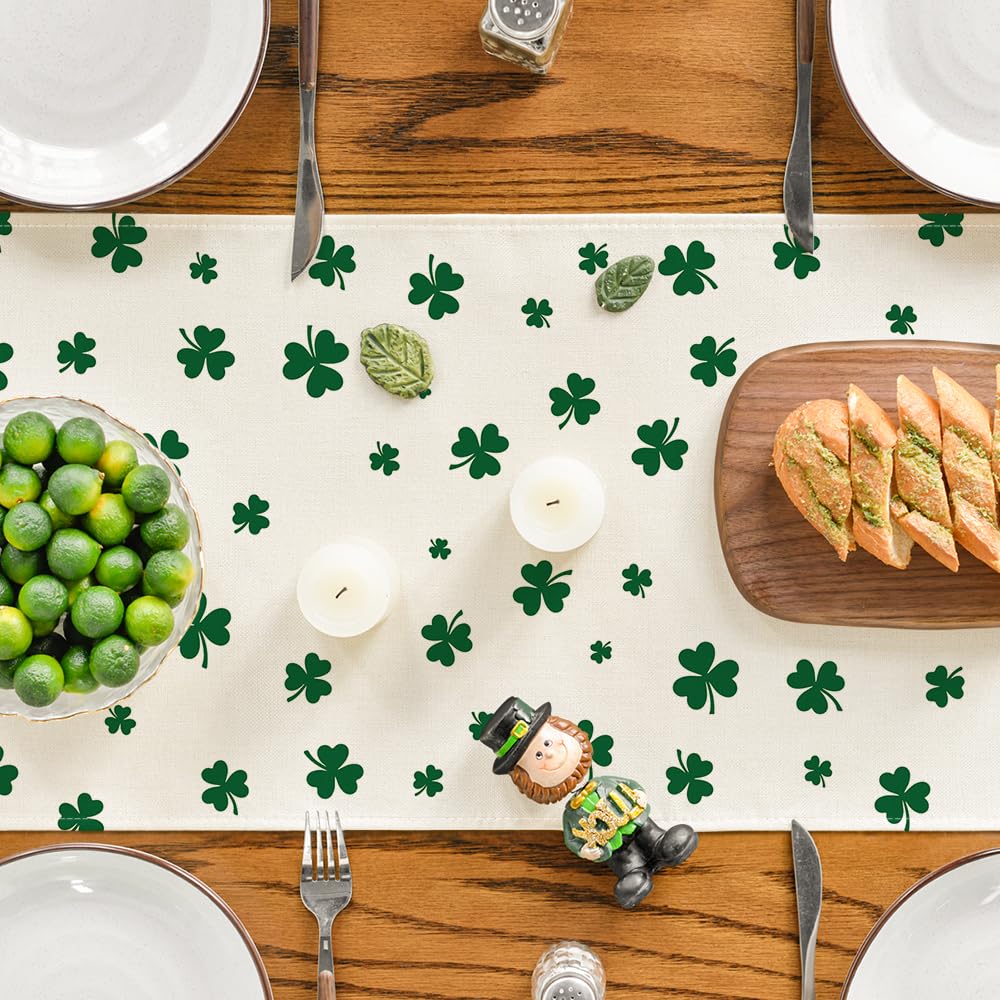 Artoid Mode Beige Lucky Shamrock St. Patrick's Day Table Runner, Seasonal Spring Holiday Kitchen Dining Table Decoration for Indoor Outdoor Home Party Decor 13 x 72 Inch