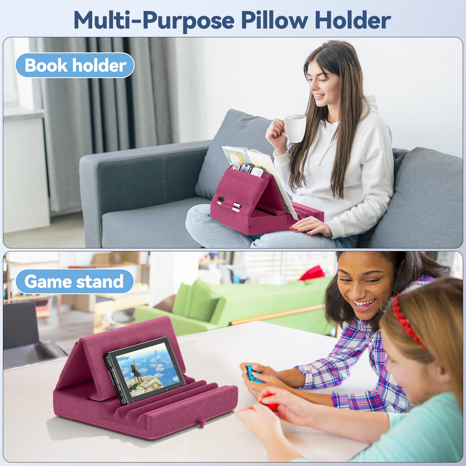 KDD Tablet Pillow Holder, Foldable iPad Stand for Lap, Bed and Desk -Tablet Soft Pad Dock with Pocket & Stylus Mount Compatible with iPad Pro 12.9, 10.5, 9.7 Air Mini 6 5 4 3, Galaxy Tab,E-Reader