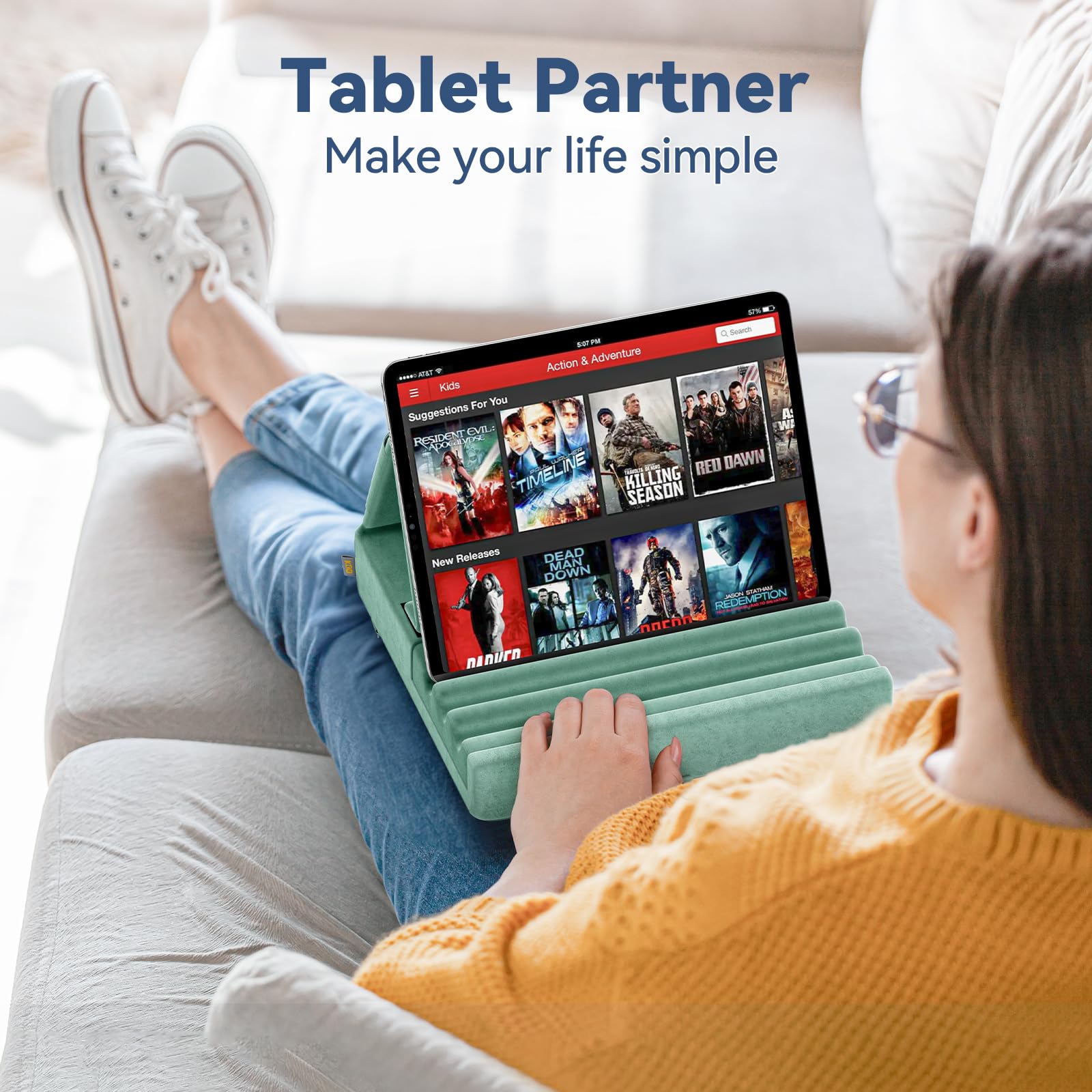 KDD Tablet Pillow Holder, Foldable iPad Stand for Lap, Bed and Desk -Tablet Soft Pad Dock with Pocket & Stylus Mount Compatible with iPad Pro 12.9, 10.5, 9.7 Air Mini 6 5 4 3, Galaxy Tab,E-Reader