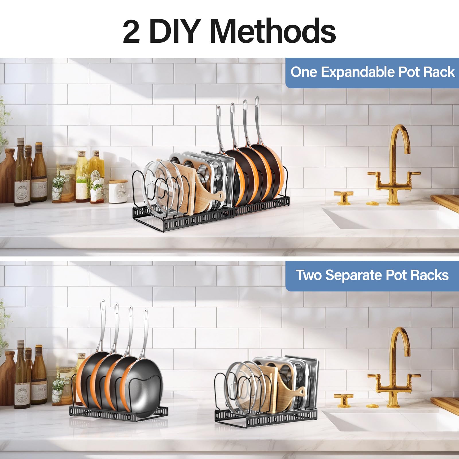 ORDORA Pots and Pans Organizer under Cabinet with Pot Lid Organizer, Expandable Rack for Pan and Pot Organizers Inside Cabinet, 12"-23" Adjustable with 10 Dividers for Kitchen Organization, Black