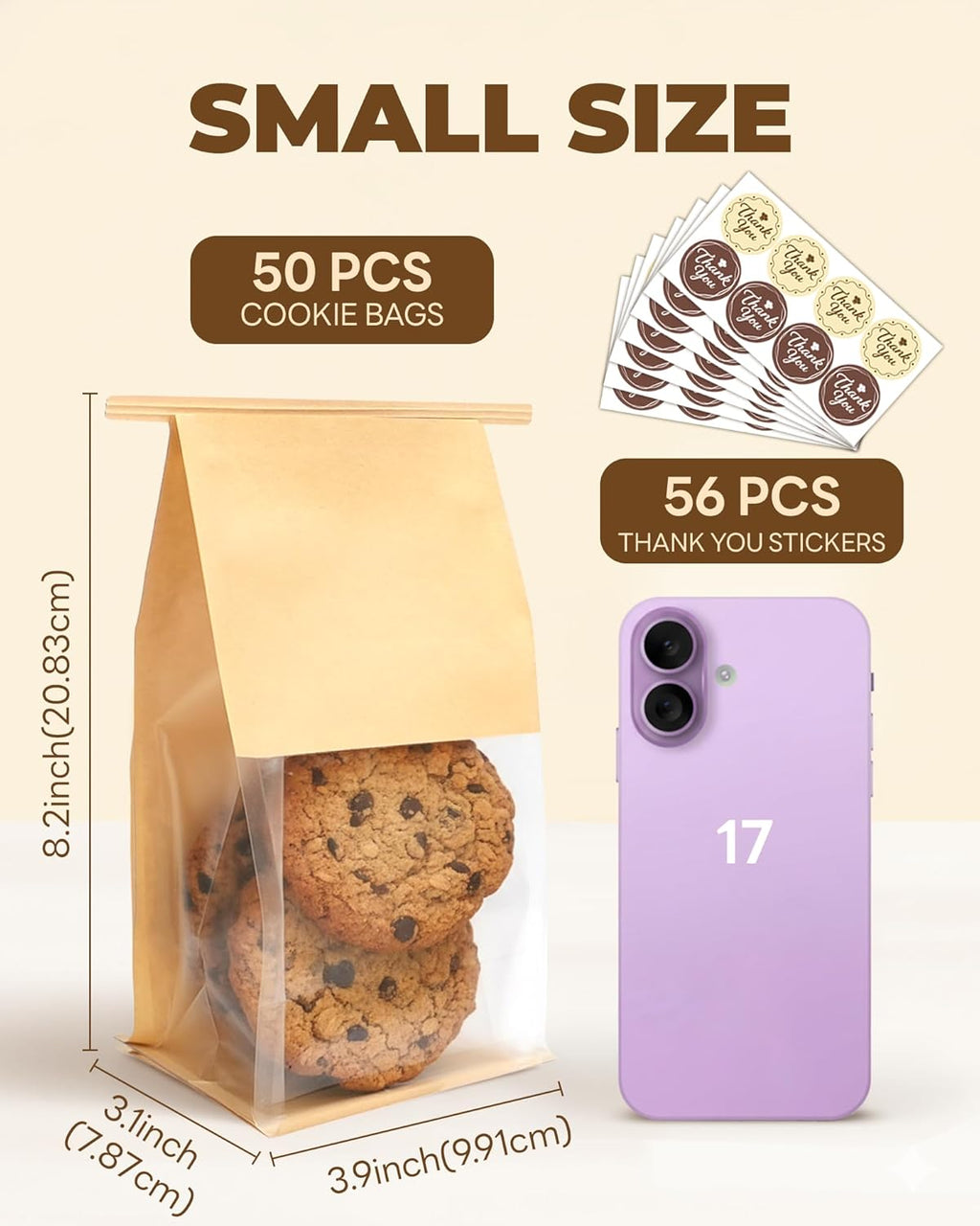 50 Pcs Small Cookie Bags with Seal, 3.9x3.1x8.2 Inches Tin Tie Tab Lock Bakery Bags with Window, Resealable Paper Cookie Packaging Bag for Muffin, Treat, Brownie, Candies, Granola