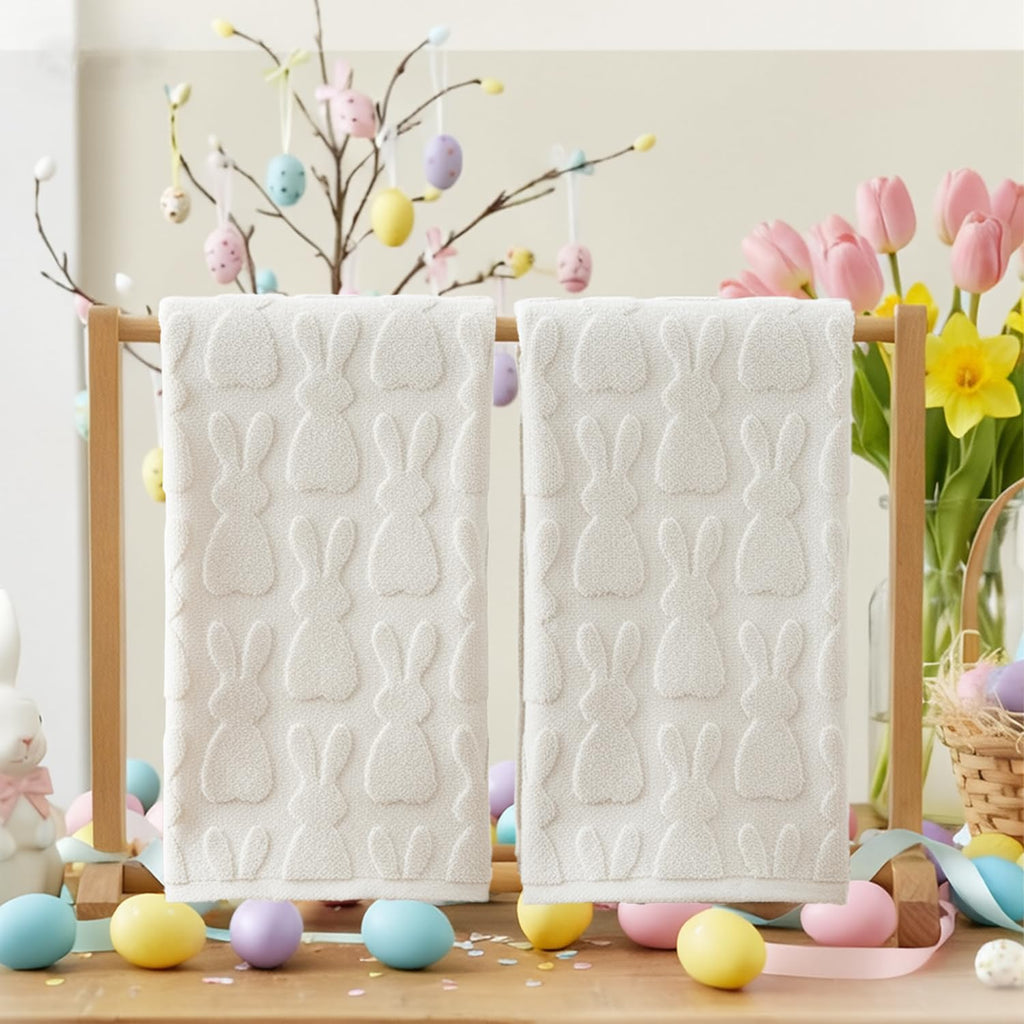 Artoid Mode 2 Pcs Beige 3D Rabbit Jacquard Easter Hand Towels for Bathroom, 100% Cotton Soft Absorbent Bathroom Decor Towels, 13.7 x 29.5 Inch