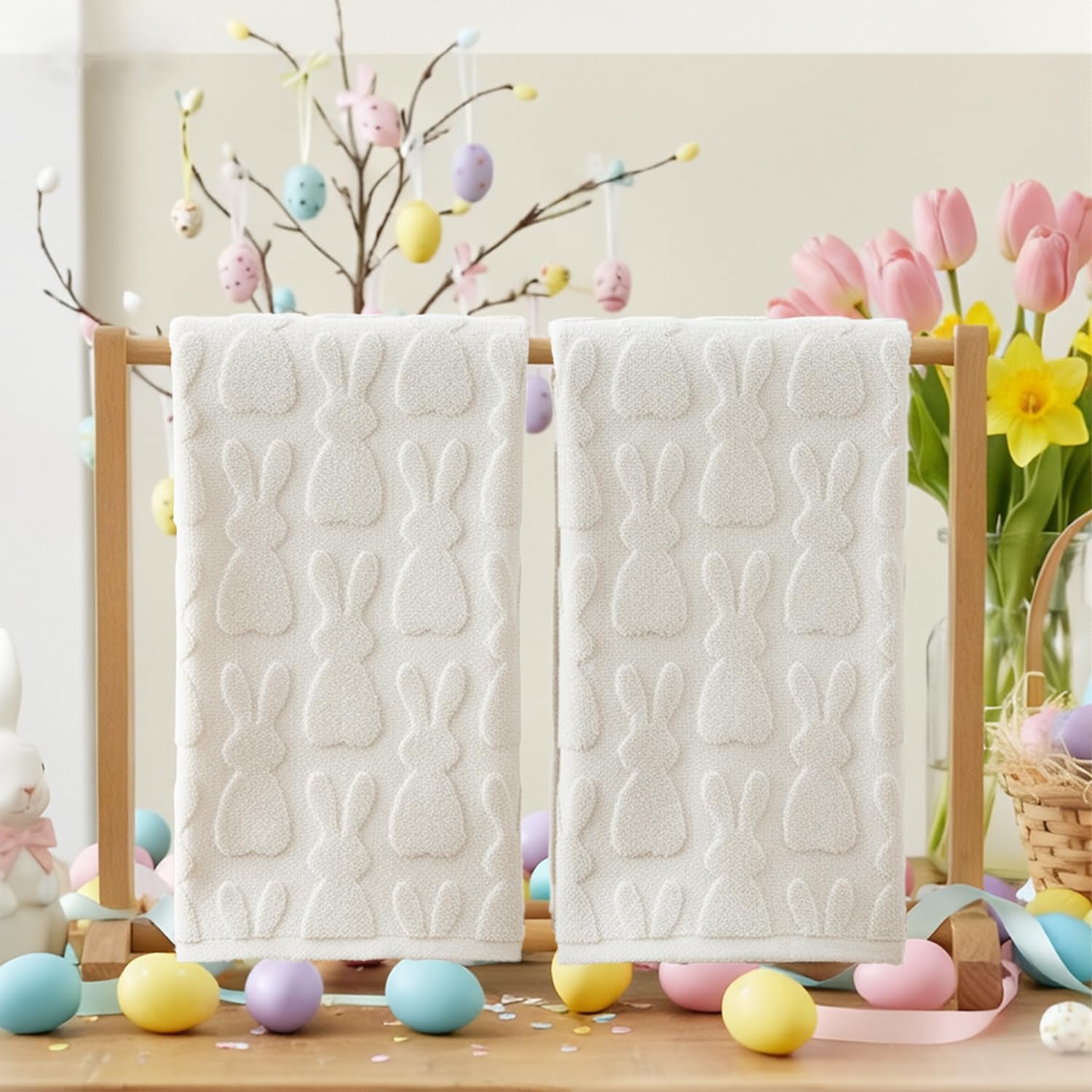 Artoid Mode 2 Pcs Beige 3D Rabbit Jacquard Easter Hand Towels for Bathroom, 100% Cotton Soft Absorbent Bathroom Decor Towels, 13.7 x 29.5 Inch