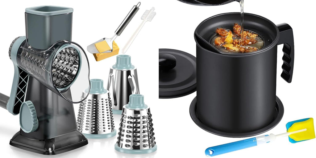 KEOUKE Rotary Cheese Grater with Handle Vegetable Cheese Shredder Slicer Grater with Bacon Grease Keeper with Strainer - 1.6L/7Cup Iron Grease Holder Bacon Grease Container with Strainer