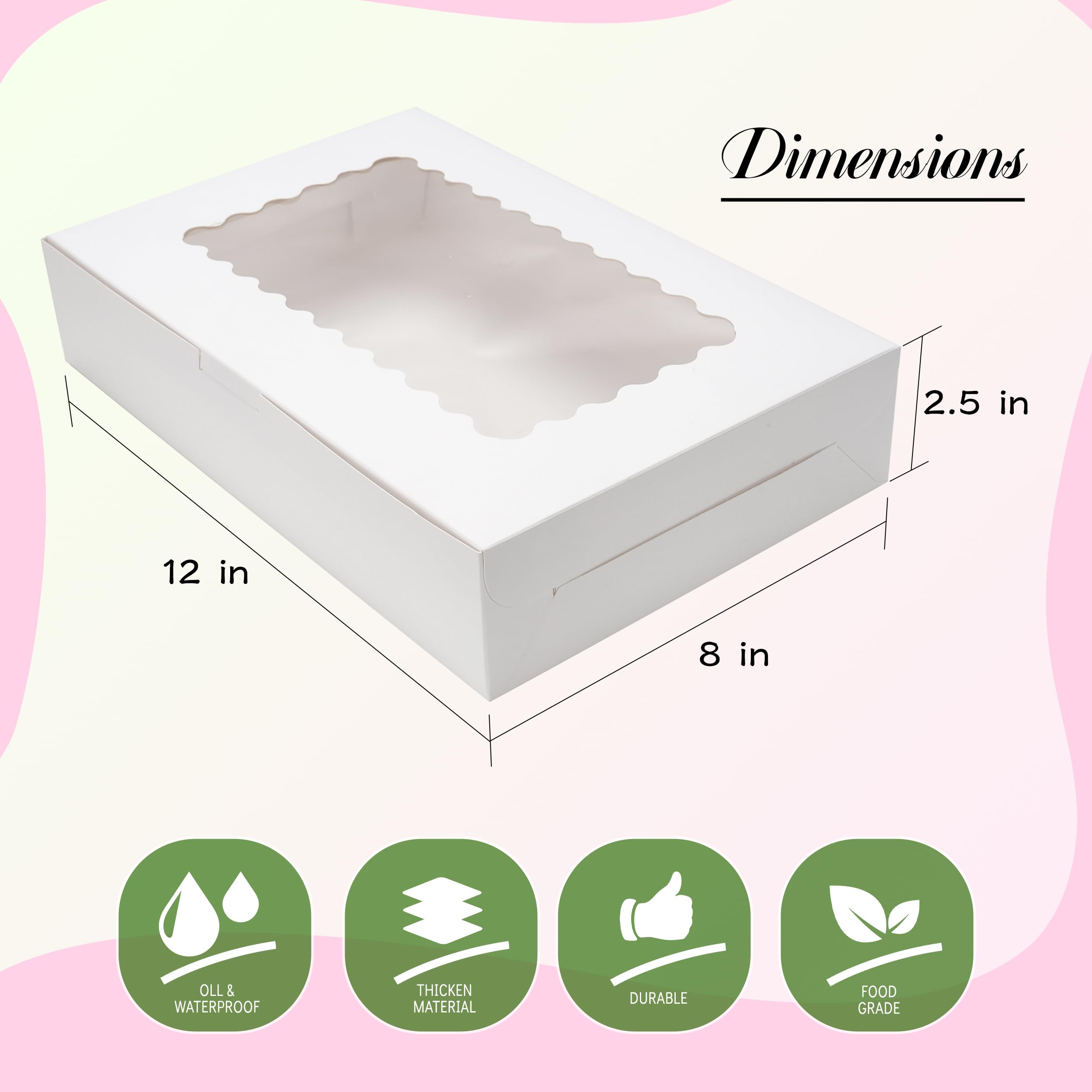 5 Pack Cookie Boxes 12x8x2.5inch Bakery Boxes with Window Treat Boxes for Cookie Packaging Gift Giving Dessert Boxes for Chocolate Covered Strawberries, Donuts, Cocoa Bombs (White)