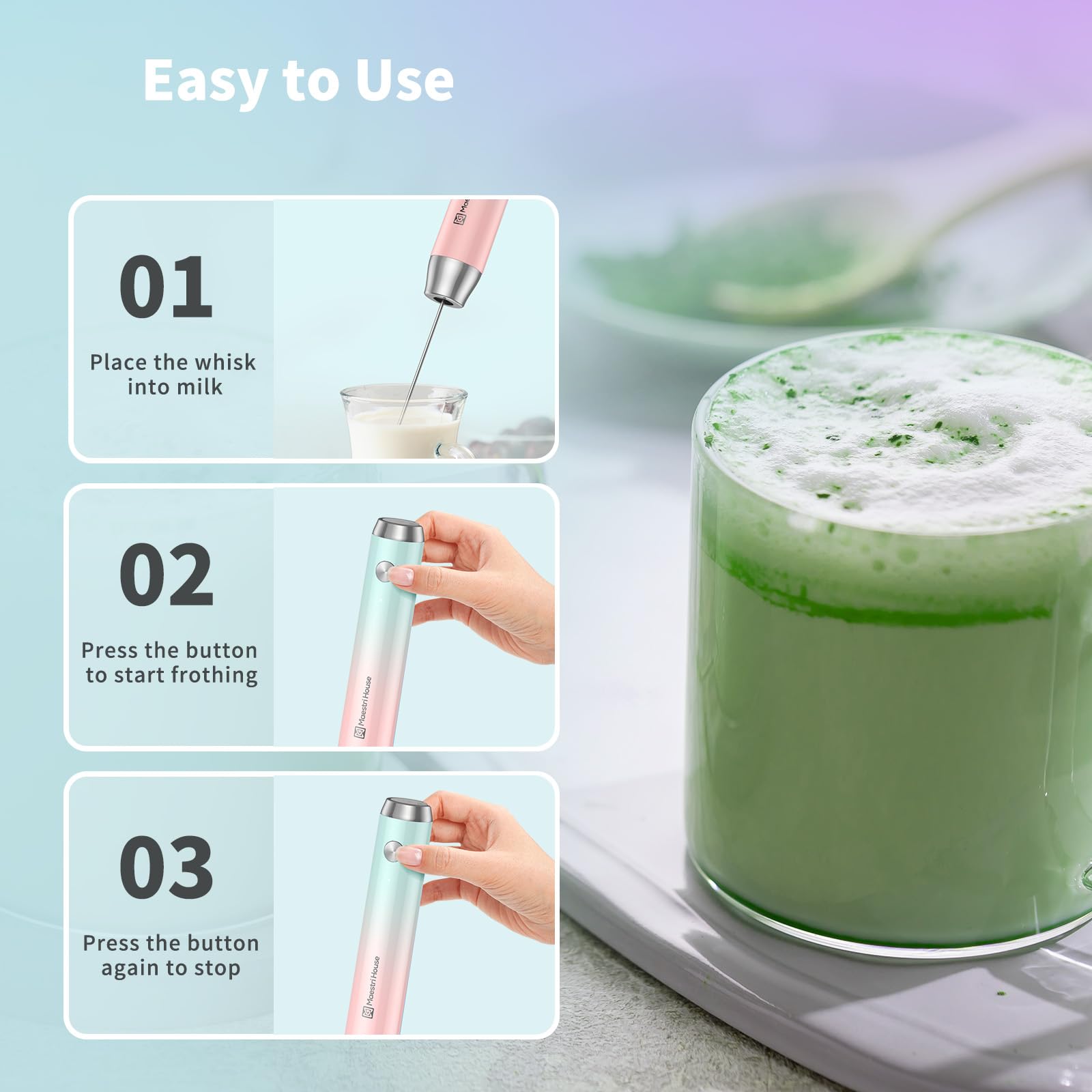 Maestri House Rechargeable Milk Frother with Stand, LunaFro Handheld Electric Foam Maker Waterproof Detachable Stainless Steel Whisk Drink Mixer Foamer for Lattes, Cappuccino