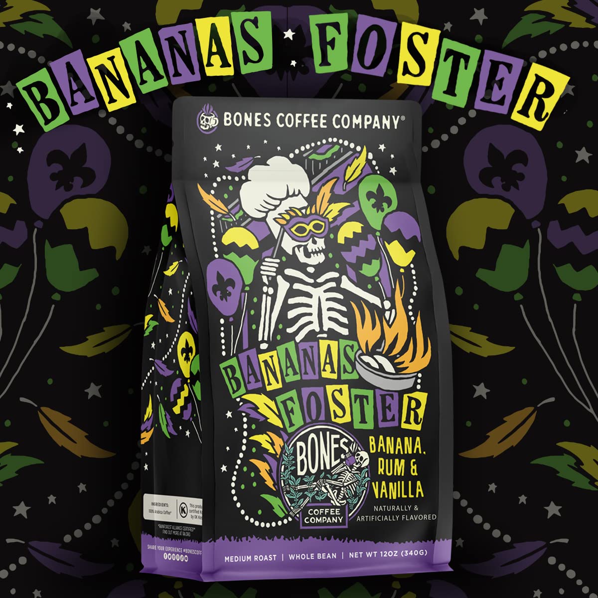 Bones Coffee Company Cinnamon Roll Flavored Coffee, Medium Roast Low Acid Arabica Beans Compatible with Auto drip and French Press Coffee Maker, 12 Oz Ground