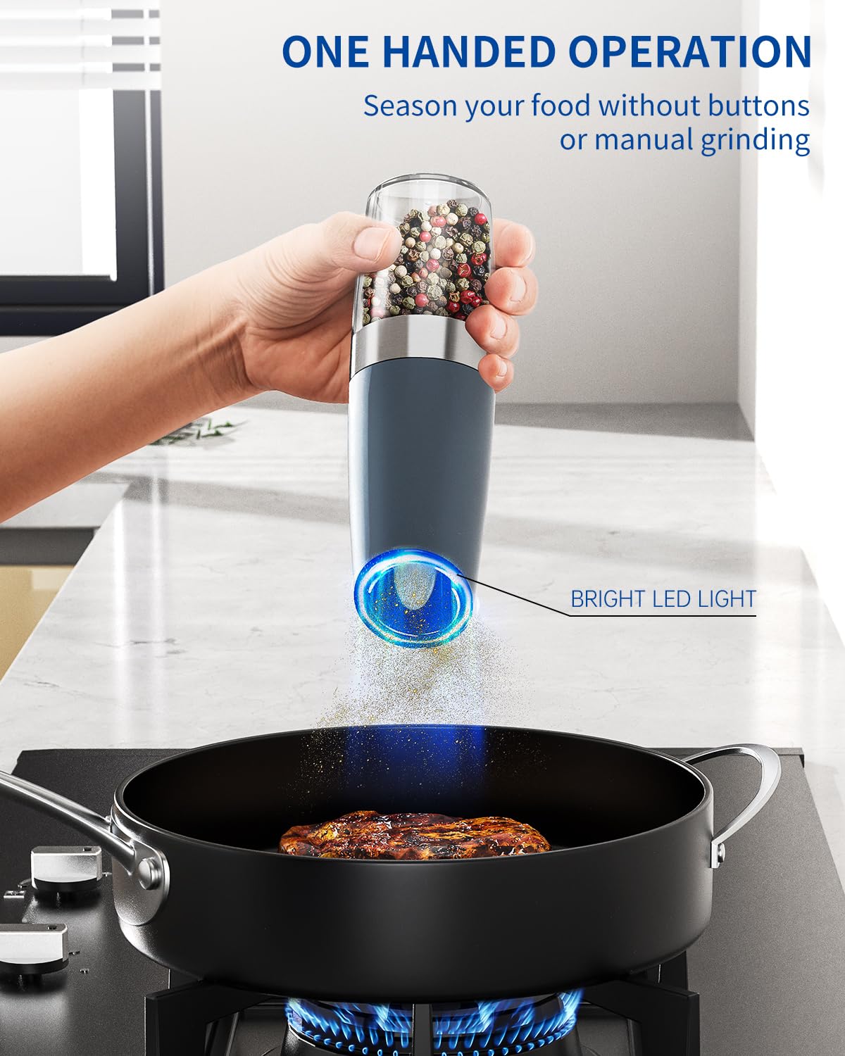 CIRCLE JOY Rechargeable Salt and Pepper Grinder Set Gravity Electric Salt and Pepper Grinder Set, LED Light, Adjustable Coarseness, for Home Kitchen BBQ, Black & White