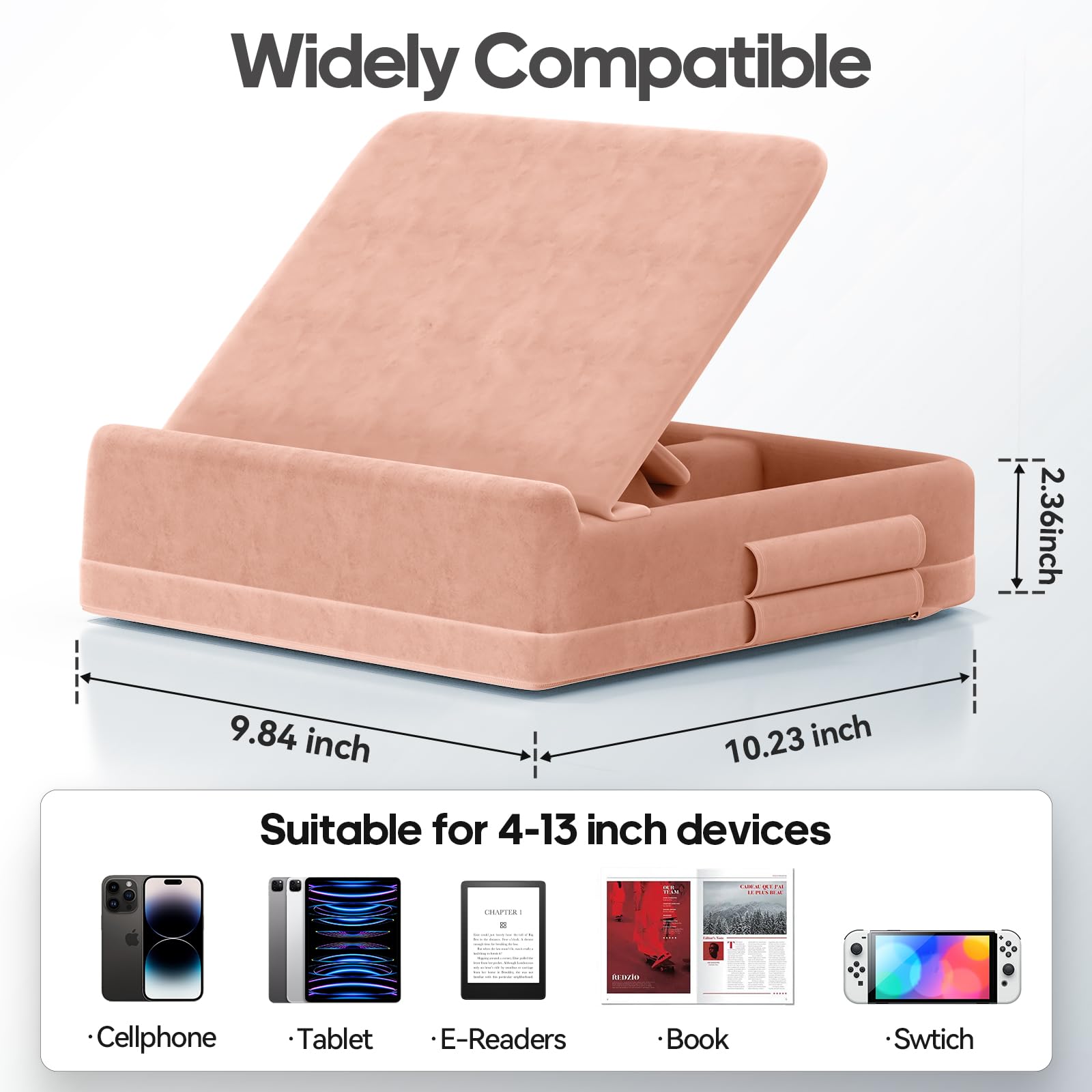 KDD Tablet Pillow Stand with Storage, Foldable iPad Holder for Bed, Lap and Desk, Angle Adjustable Soft Pad Dock with Stylus Mount Compatible with Ipad Pro 12.9, 10.5, 11, Air, Mini, Phones, Books