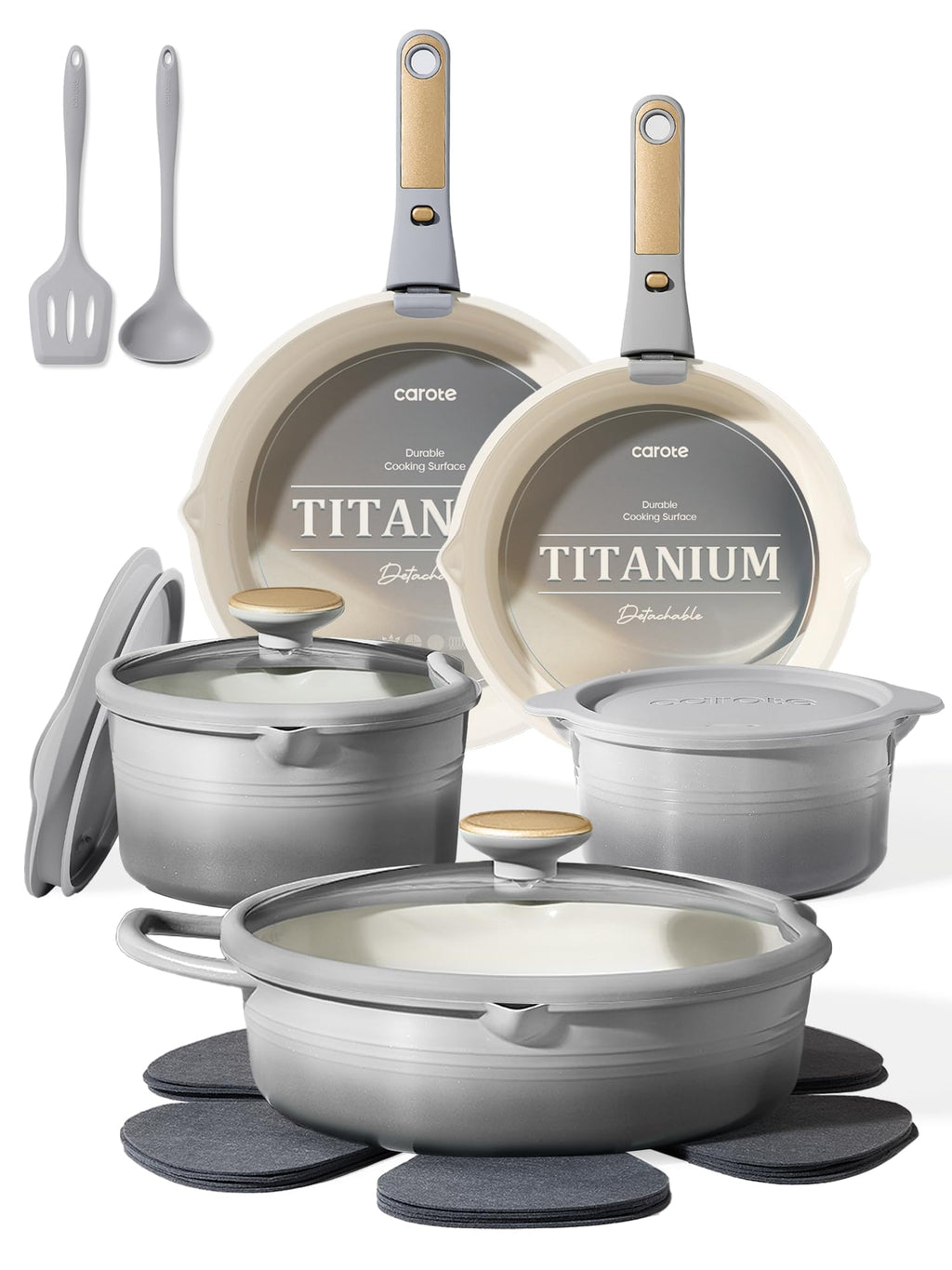 CAROTE 20Pcs Titanium Cookware Set, Pots and Pans Set Non Stick, Kitchen Cooking Set with Detachable Handle, Non Toxic Induction Cookware, Dishwasher/Oven Safe