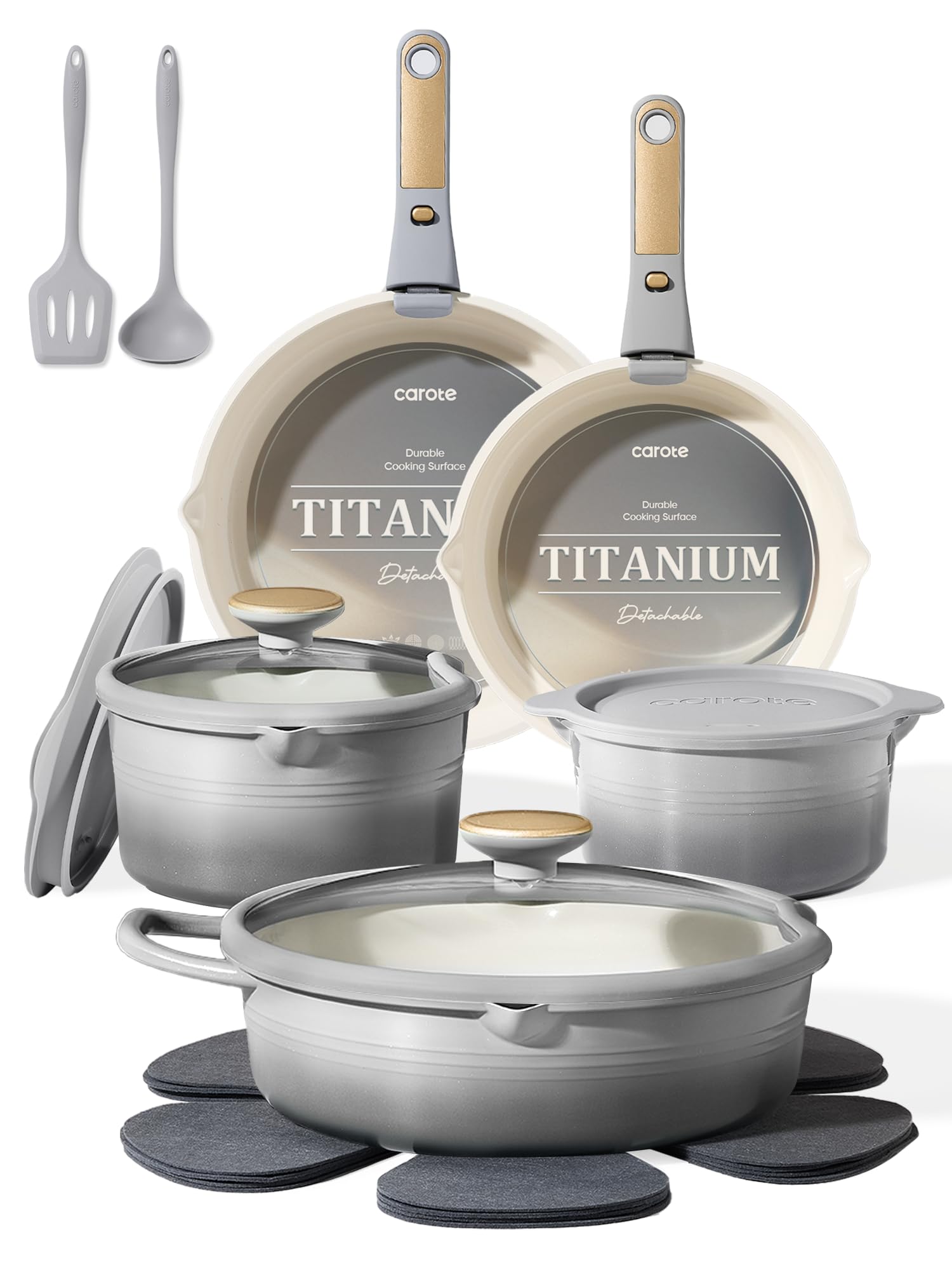 CAROTE 20Pcs Titanium Cookware Set, Pots and Pans Set Non Stick, Kitchen Cooking Set with Detachable Handle, Non Toxic Induction Cookware, Dishwasher/Oven Safe