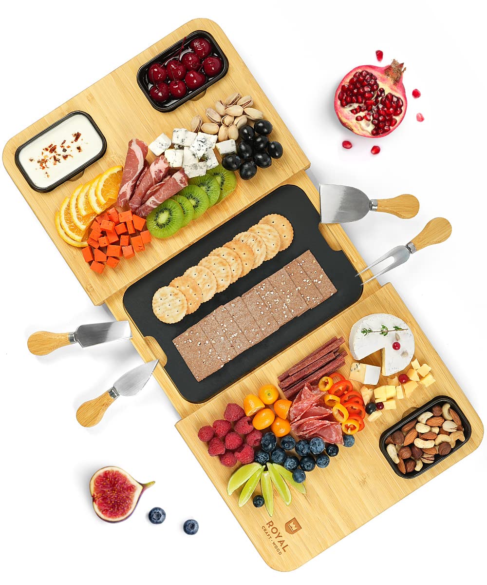 ROYAL CRAFT WOOD Premium Bamboo Charcuterie Board Set - Cheese Platter & Serving Tray & Serving Utensils - Perfect Housewarming Gift, Wedding, Bridal Shower Gift - Ideal for Entertaining and New Home