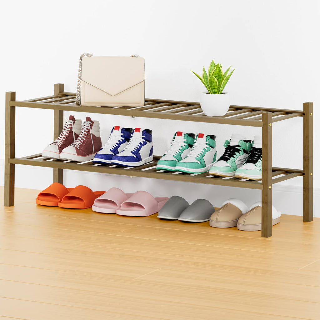 Smiry Shoe Rack, 3 Tier Bamboo Shoe Organizer, Stackable Free Standing Wooden Shoe Storage Shelf for Closet, Entryway, Front Door Entrance, Natural