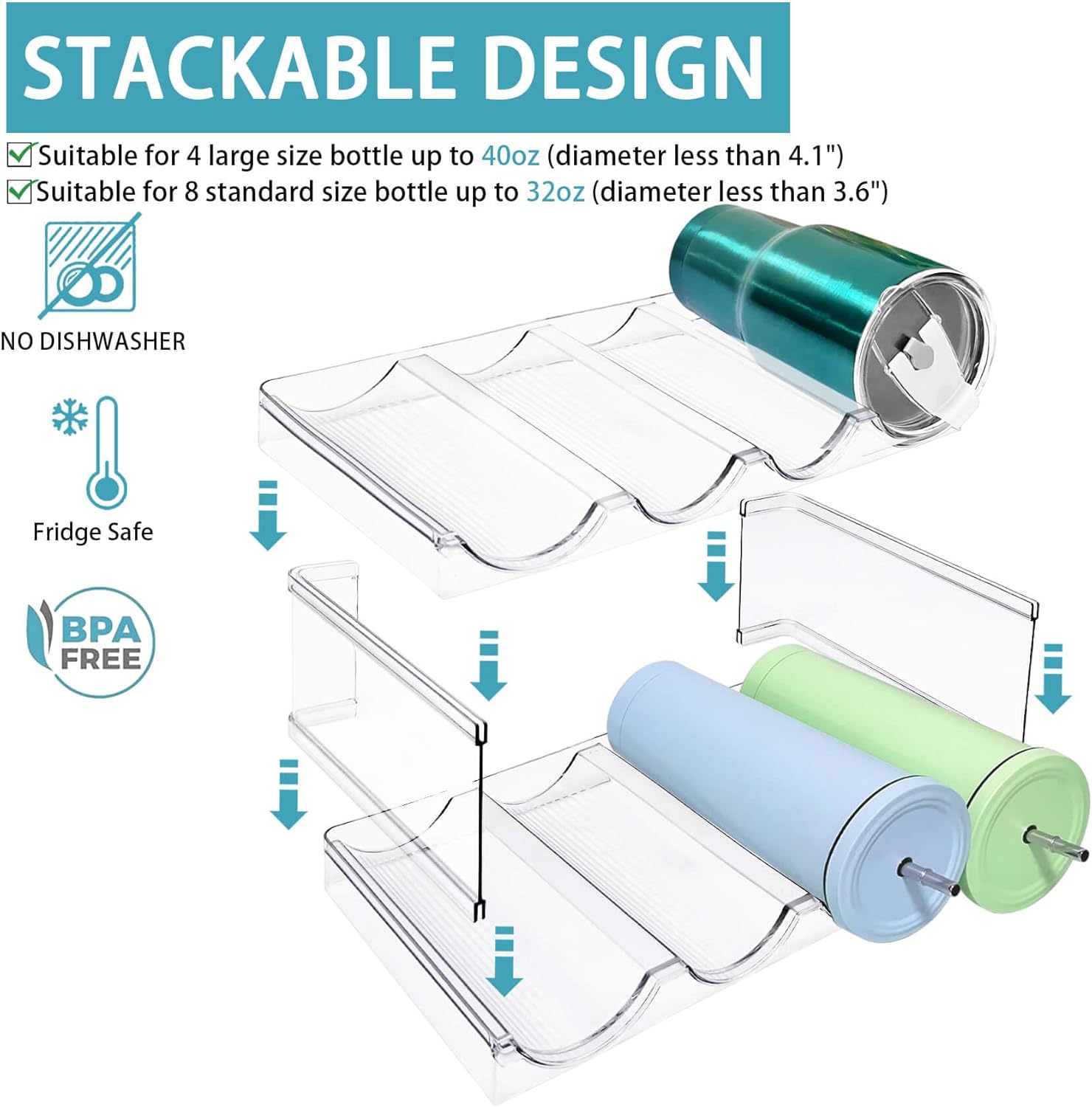Homecor Water Bottle Organizer, Large Compartment Stackable Kitchen Pantry Organization and Storage Rack& 2 Pack Acrylic Straw Holder for Cabinet Door