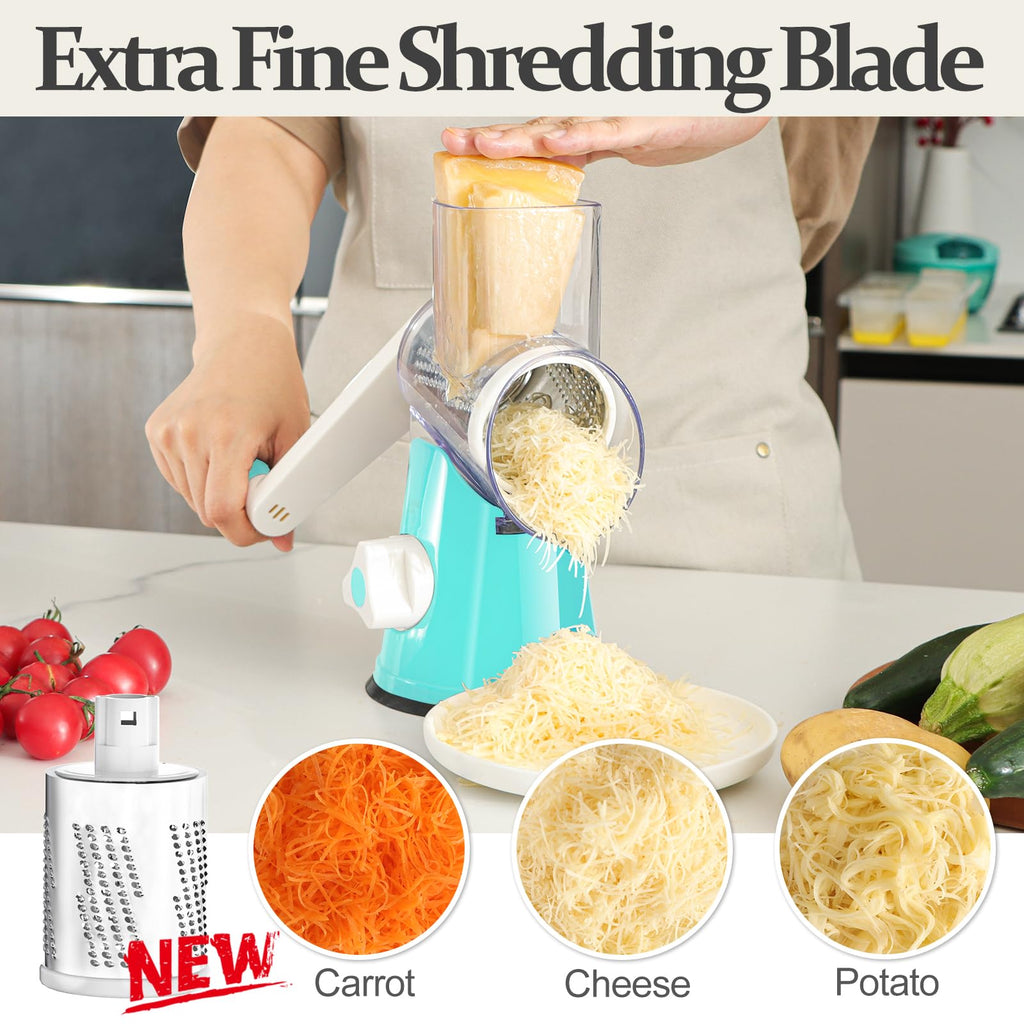 Cambom 5 in 1 Rotary Cheese Grater Hand Crank Cheese Shredder for Fresh Cheese, Vegetable, Nuts,Non-slip Suction Base, Black