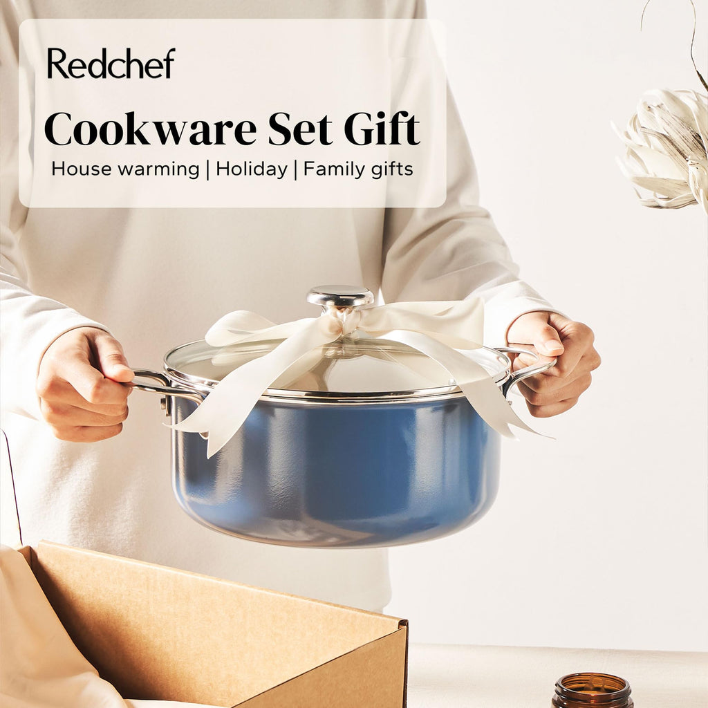 Redchef Ceramic Nonstick Cookware Set,14pcs Pots and Pans Set Non Stick,Induction Cookware with Stainless Steel Handle,Non Toxic Kitchen Cooking Set,Dishwasher & Oven Safe,PFAS PFOA & PTFE Free