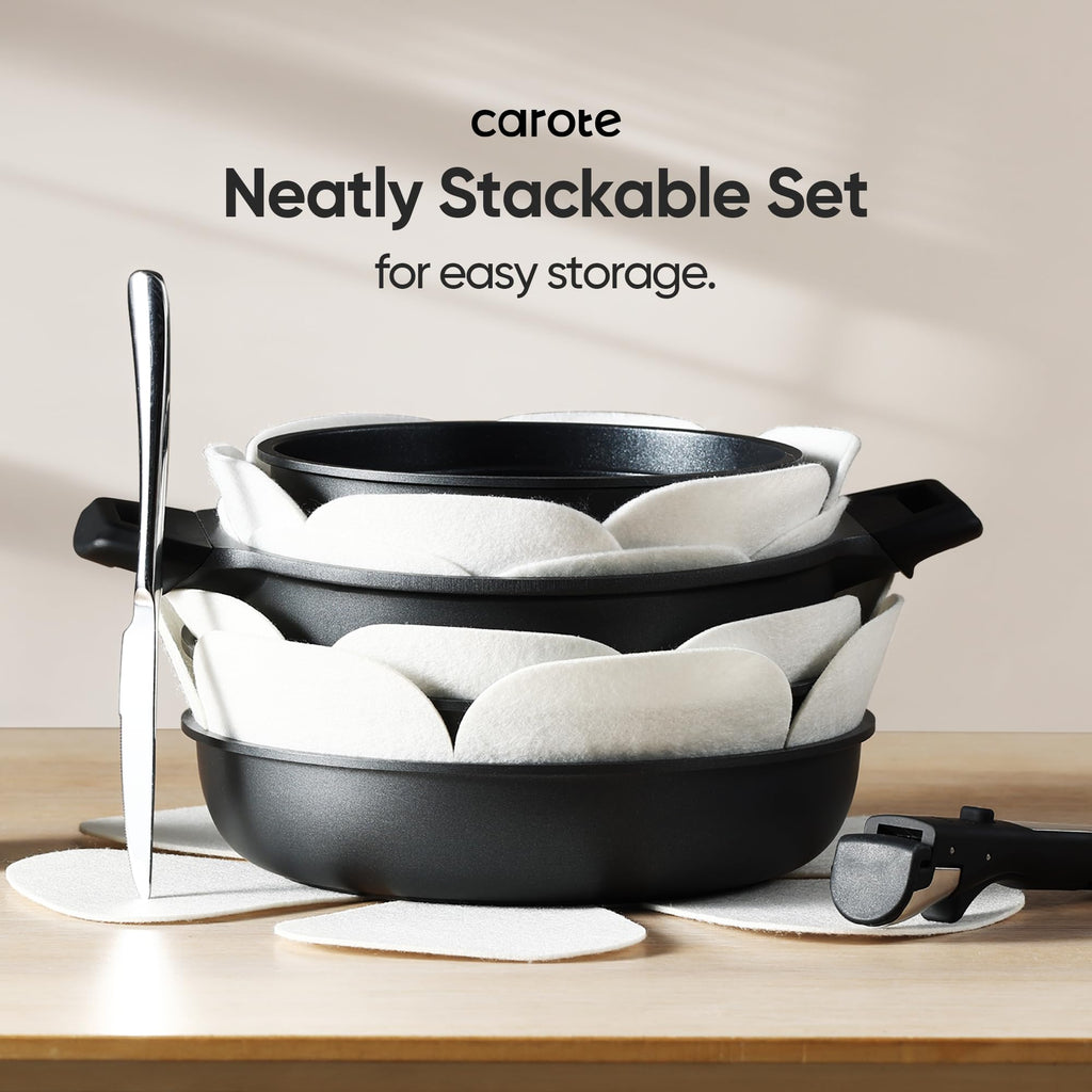CAROTE 25pcs Pots and Pans Set Non Stick, Cookware Sets, Kitchen Set, Oven/Dishwasher/Fridge Safe, Space Saving Pots Set, Nonstick Set with Versatile Detachable Handle with Knife Set, Jet Black