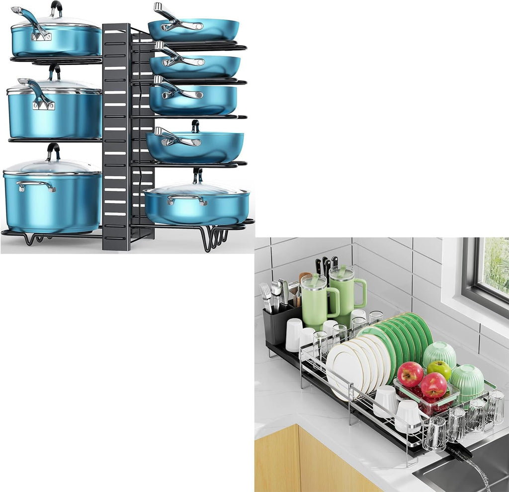 ORDORA 8 Tier Pots and Pans Organizer for Cabinet 16.61'' Height & Expandable Large Dish Drying Rack, Stainless Steel Dish Rack for Kitchen Counter