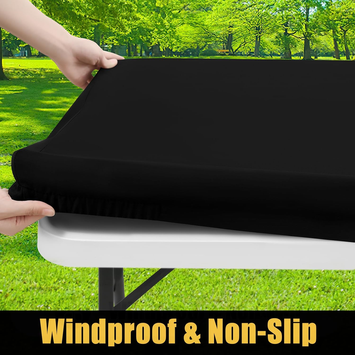 Smiry Rectangle Table Cloth, Waterproof Elastic Fitted Tablecloths for 6 Foot Tables, Washable Polyester Table Cover for Picnic, Camping, Outdoor (Black, 30"x72")
