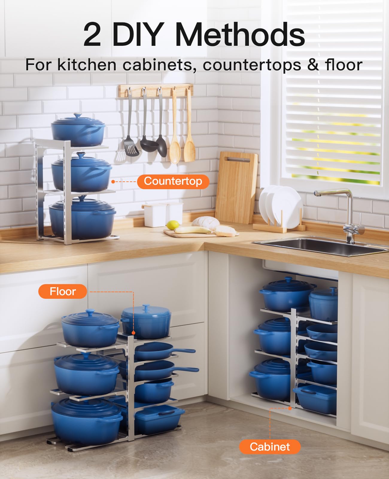 ORDORA Pots and Pans Organizer for Cabinet 16.61 Height, 8 Tier Pot Organizers Rack with 3 DIY Methods, Adjustable Pan Organizer under Cabinet Kitchen Organization and Storage