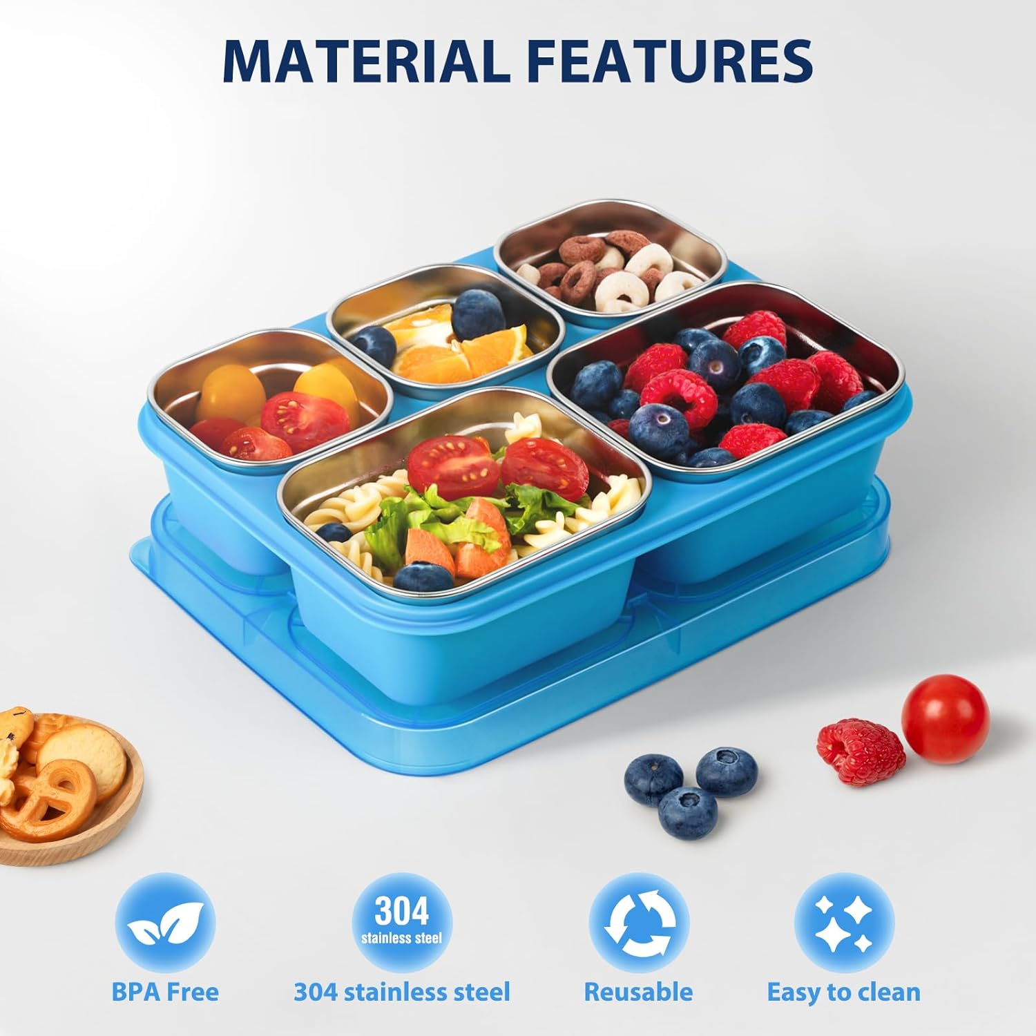 Freshmage 8 Compartment Stainless Steel Snack Containers and 2 Pack Reusable Food Storage Snackle