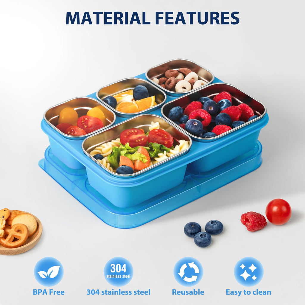 Freshmage Stainless Steel Snackle Box Container, 5 Compartment Lunch Bento Box, Reusable Food Storage Snack Box for School, Work, and Travel, BPA Free and Dishwasher Safe, Pink (1 Pack)