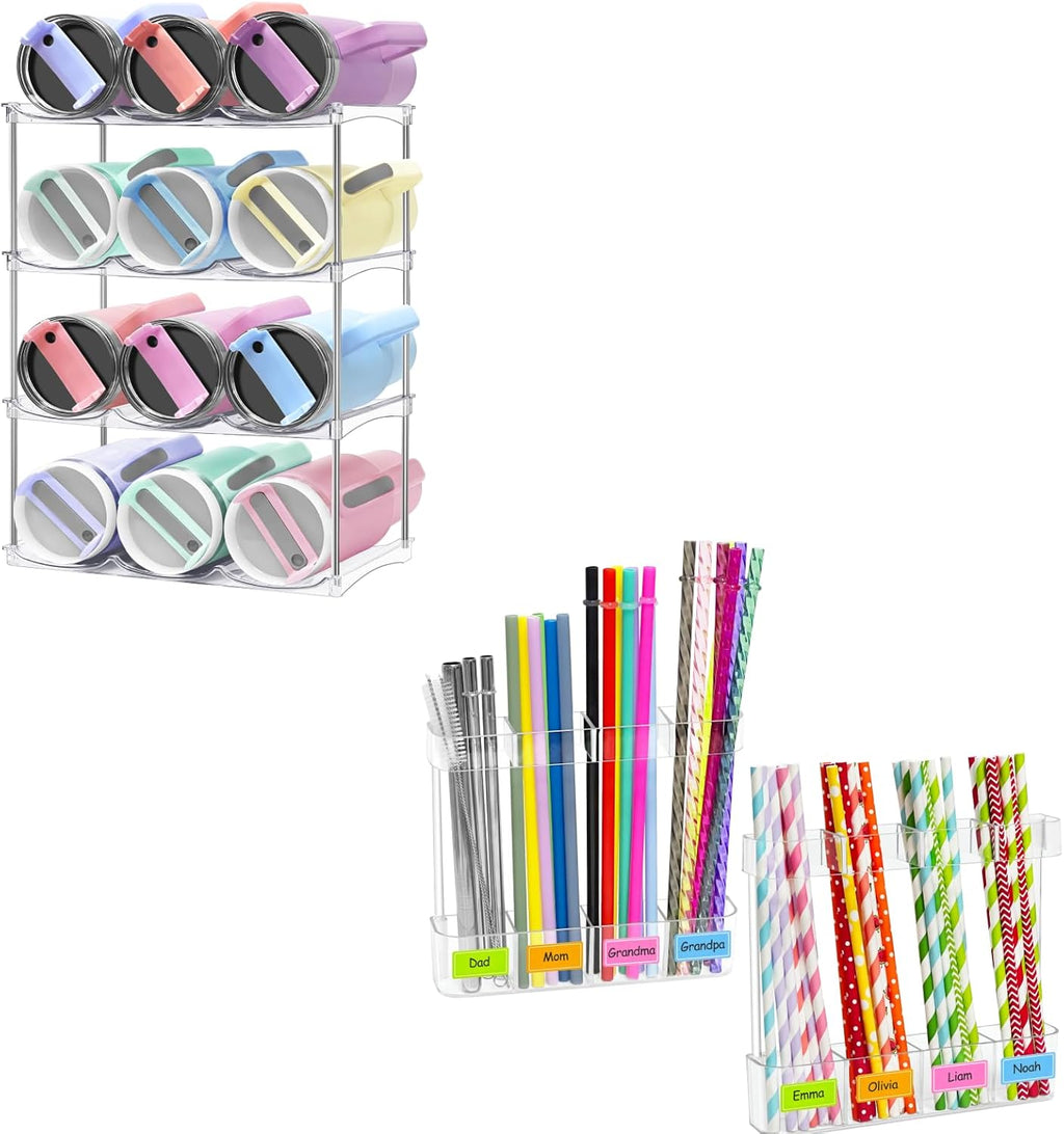 Homecor Water Bottle Organizer, Large Compartment Stackable Kitchen Pantry Organization and Storage Rack& 2 Pack Acrylic Straw Holder for Cabinet Door