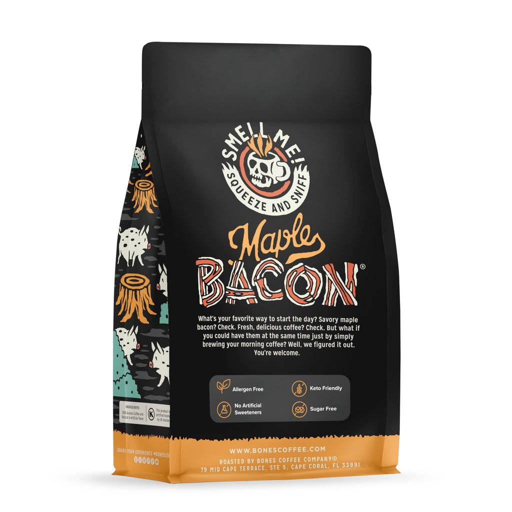 Bones Coffee Company Highland Grog, Butterscotch Caramel Flavored Coffee, Medium Roast Low Acid Arabica Beans Compatible with Auto drip and French Press Coffee Maker, 12 Oz Ground