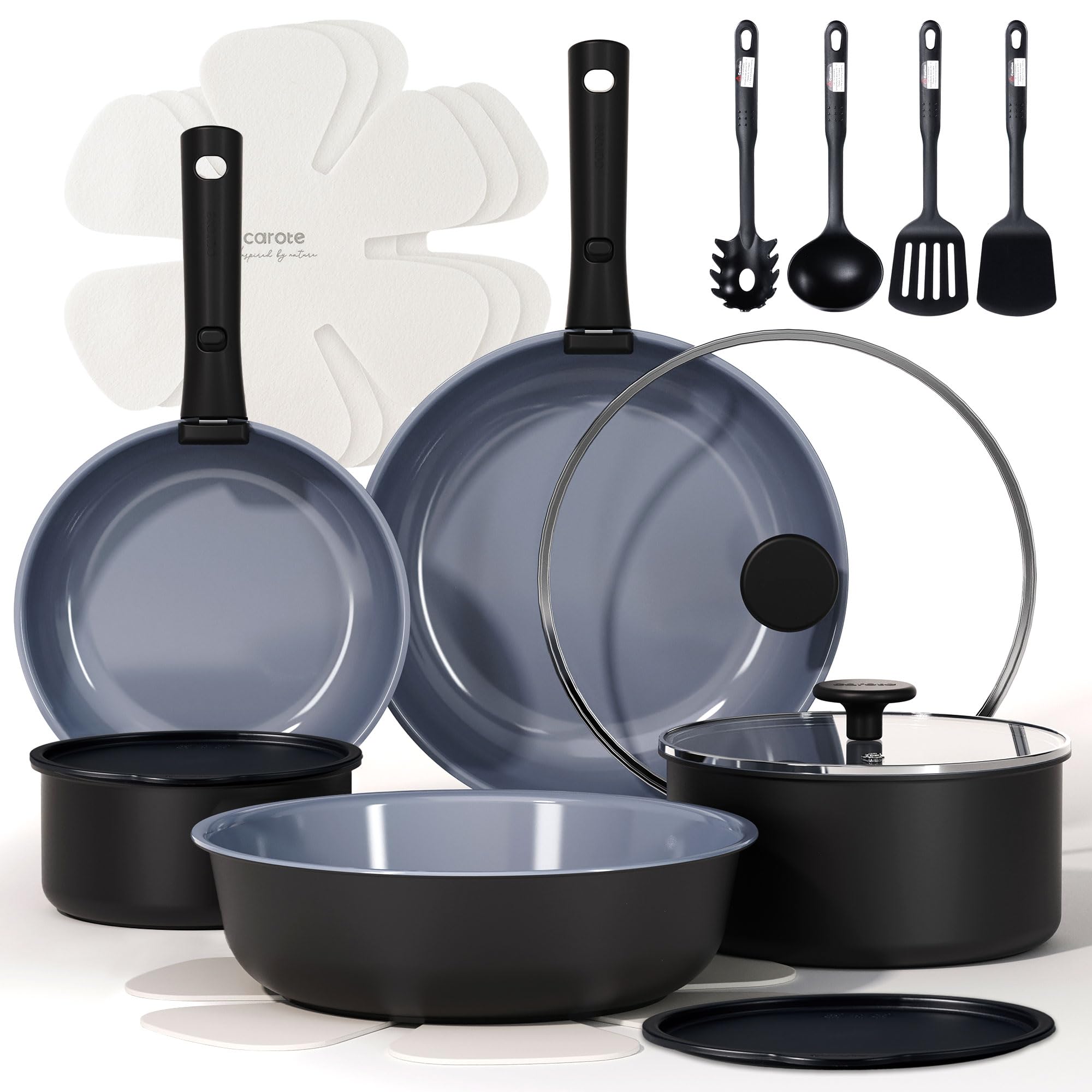 CAROTE 17pcs Pots and Pans Set, Nonstick Cookware Set Detachable Handle, Induction Kitchen Cookware Sets Non Stick with Removable Handle, RV Cookware Set, Oven Safe