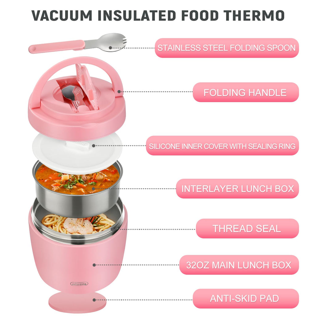 Thermo Food Jar for Hot Food Adults 32OZ Soup Thermo Lunch Containers Wide Mouth Vacuum Insulated Stainless Steel Leakproof Bento Box with Spoon (Black)