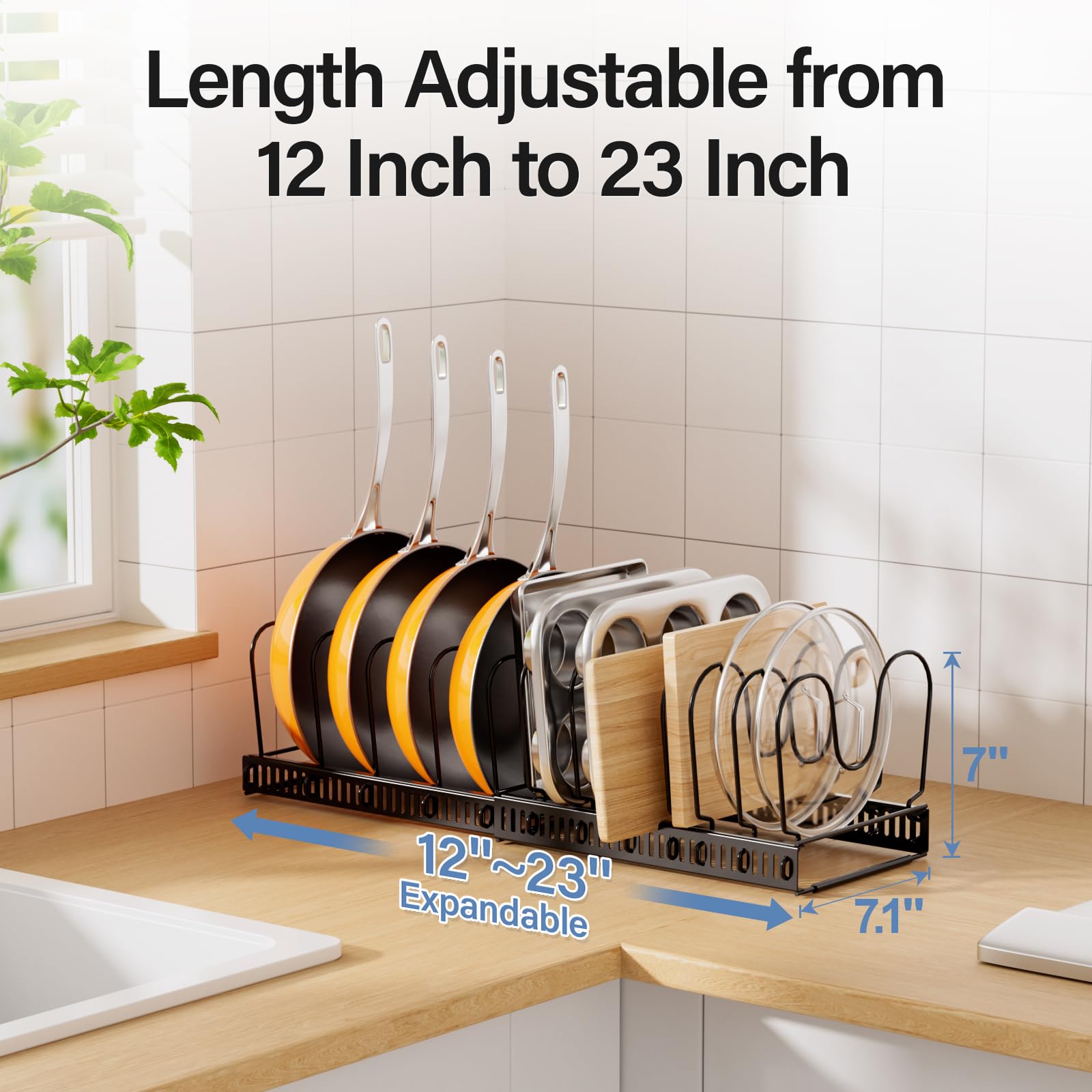 ORDORA Pots and Pans Organizer under Cabinet with Pot Lid Organizer, Expandable Rack for Pan and Pot Organizers Inside Cabinet, 12"-23" Adjustable with 10 Dividers for Kitchen Organization, Black