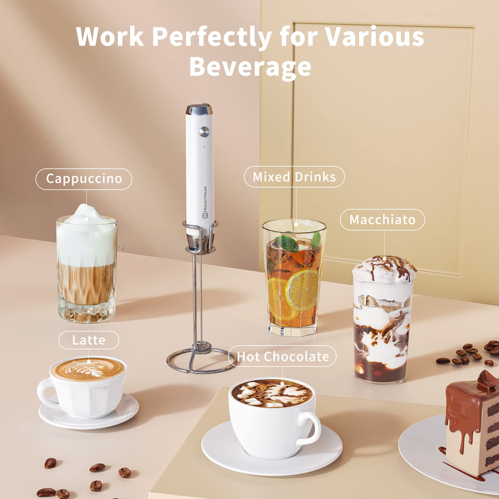 Maestri House Rechargeable Milk Frother with Stand, LunaFro Handheld Electric Foam Maker Waterproof Detachable Stainless Steel Whisk Drink Mixer Foamer for Lattes, Cappuccino
