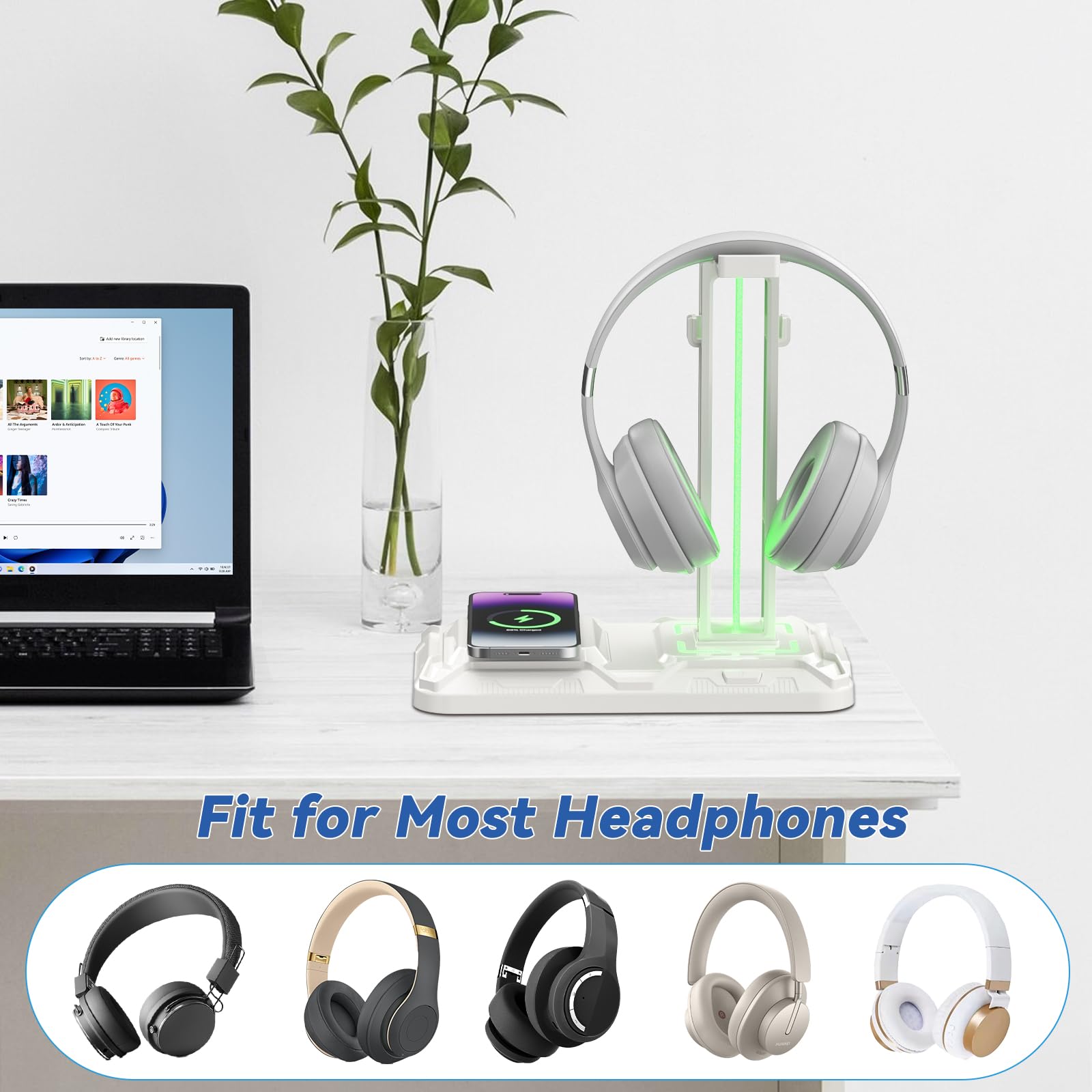 KDD Headphone & Controller Stand with Wireless Charging - Rotatable Headset Stand with 9 Light Modes - Controller Holder with 2 USB and Type C Ports - for Gamers Desktop Accessories