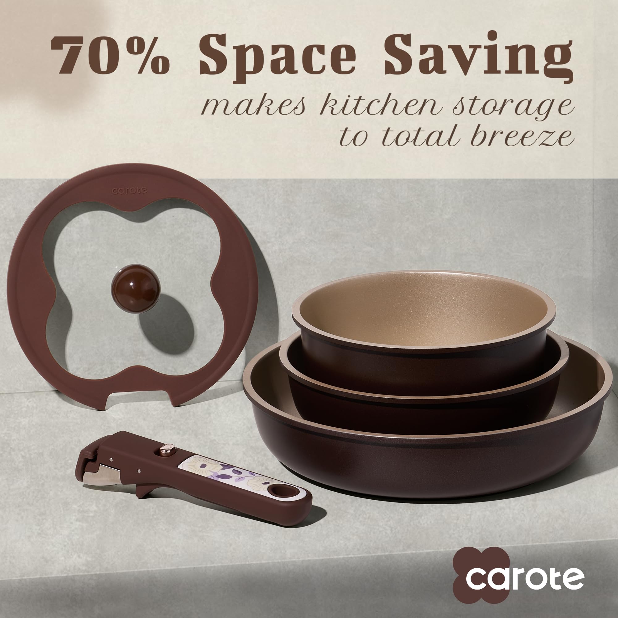 CAROTE Ceramic Pots and Pans Set Non Stick, Nonstick Kitchen Cookware Sets with Lid, Detachable Handle Sauté Pan Set, Non Toxic Frying Pan, Oven Safe, Induction Ready, Cream White