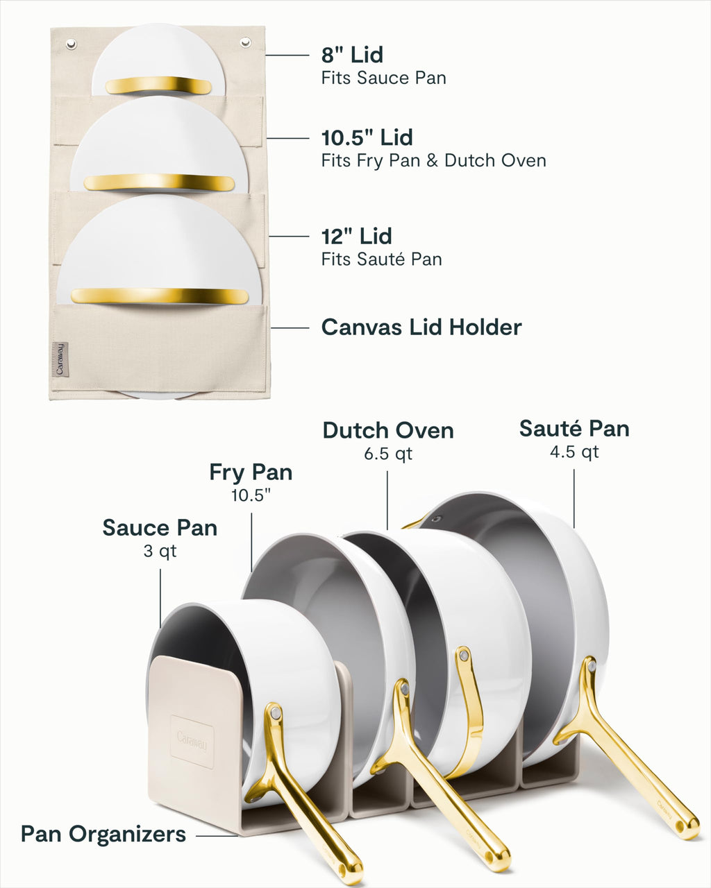 Caraway Non-stick Ceramic Cookware Set (12 Piece) Pots, Pans, Lids and Kitchen Storage - PFAS & PFOA Free - Oven Safe Pan Set & Compatible with All Stovetops - Cream