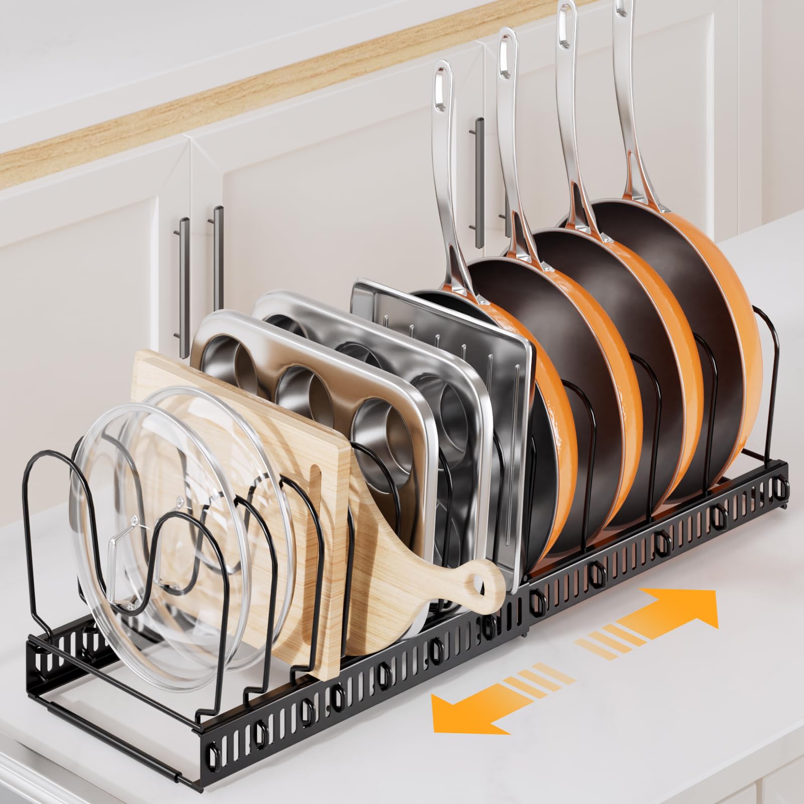 ORDORA Pots and Pans Organizer under Cabinet with Pot Lid Organizer, Expandable Rack for Pan and Pot Organizers Inside Cabinet, 12"-23" Adjustable with 10 Dividers for Kitchen Organization, Black