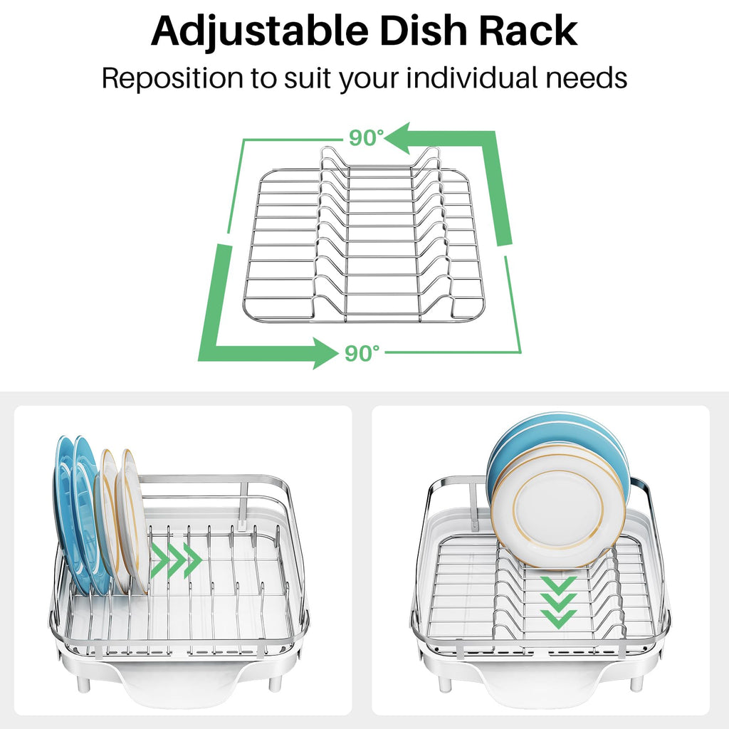 SNTD Dish Drying Rack, Expandable Dish Rack for Kitchen Counter, Stainless Steel Dish Drainer with Drainboard Set and Utensil Holder (Black)