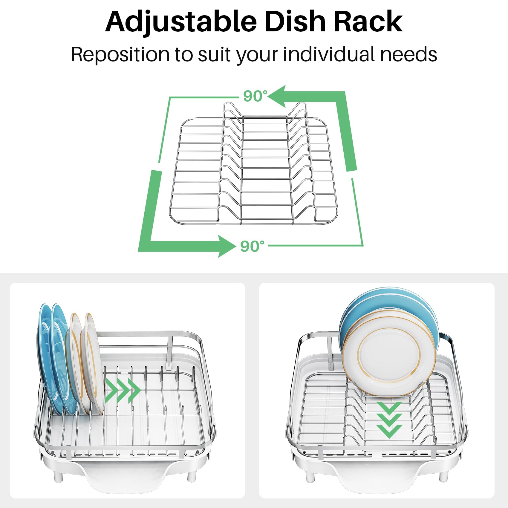 SNTD Dish Drying Rack, Expandable Dish Rack for Kitchen Counter, Stainless Steel Dish Drainer with Drainboard Set and Utensil Holder (Black)