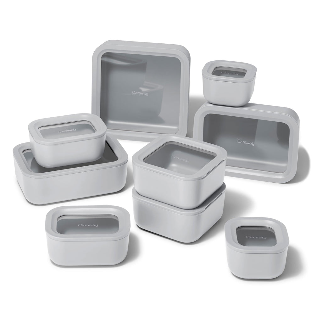 Caraway 13pc Glass Food Storage Container Set - Easy to Store, Non Toxic Lunch Box - with Glass Lids - Includes Storage Organizer - Cream