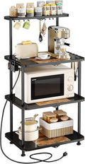 SNTD Kitchen Bakers Rack with Power Outlet - Easy & Tool-Free Assembly, Adjustable Coffee Bar Station 4 Tiers, Microwave Stand with 12 Hooks, Brown