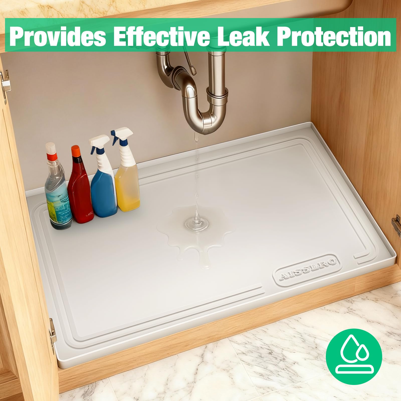 Aisslro Under Sink Mat 22" X 19", Waterproof Silicone Cabinet Protector with Raised Edge, Kitchen & Bathroom Leak Tray, Shelf Liner & Pet Feeding Mat for Dog Cat Food Mats, Light Gray