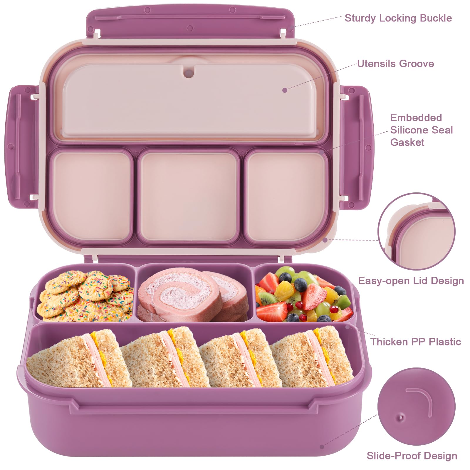 Bento Box Adult Lunch Box, Containers for Adults Men Women with 4 Compartments, Lunchable Food Container with Utensils, Sauce Jar, Muffin Liners, 40 Oz/5 Cup, Microwave & Dishwasher Safe, Brown